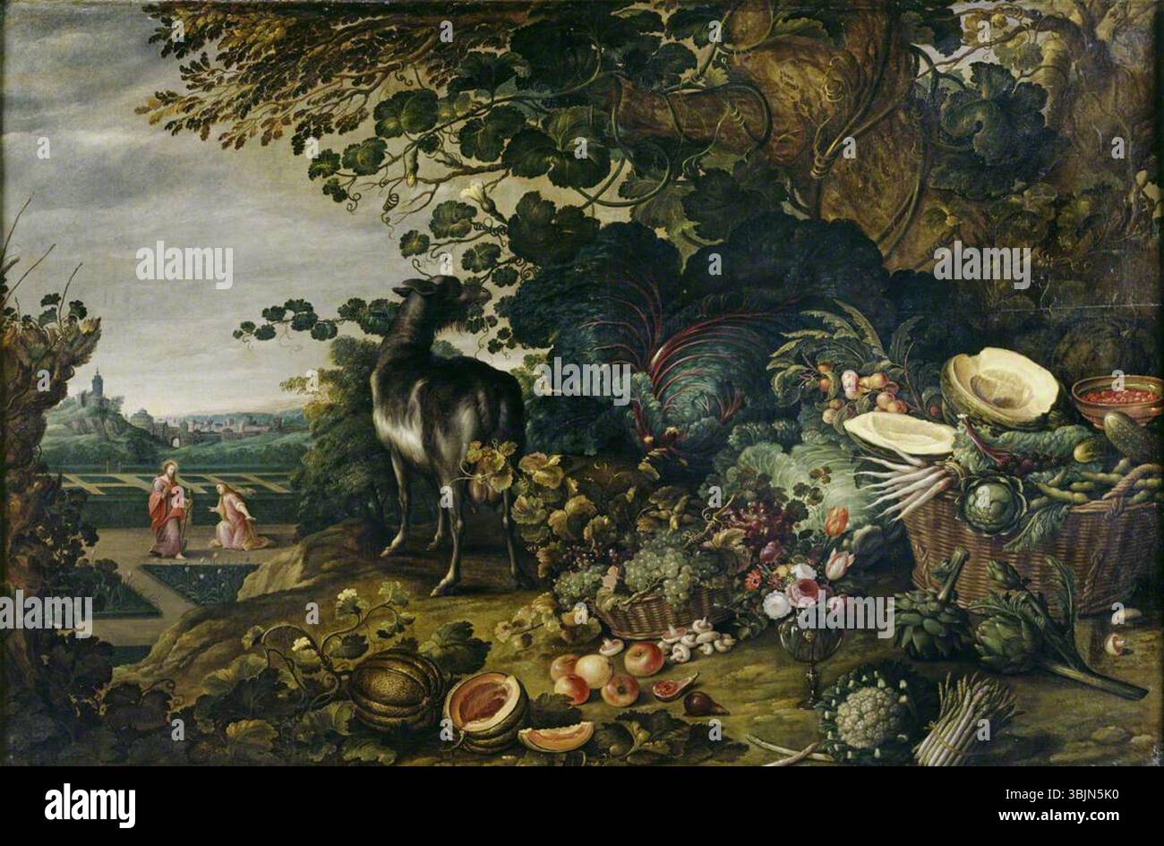 Van der Gracht, Gommaert ; un vaste paysage avec des fleurs exotiques, des fruits et des légumes et un 'Noli me Tangere' dans le jardin au-delà ; National Trust, Rufford Old Hall ; http ://www.artuk.org/artworks/an-extensive-landscape-with-exotic-flowers-fruit-and-vegetables-and-a-noli-me-tangere-in-the-garden-beyond-132492 Banque D'Images