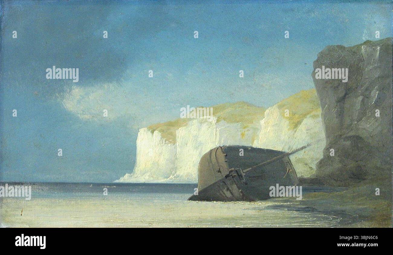 La peinture à l’huile d’Anton Melbye de 1848 met en valeur les falaises frappantes de Møn, au Danemark. L'œuvre capture le paysage spectaculaire des falaises de Møns Klint, connues pour leurs formations de craie blanche et la beauté côtière. Banque D'Images La peinture à l’huile d’Anton Melbye de 1848 met en valeur les falaises frappantes de Møn, au Danemark. L'œuvre capture le paysage spectaculaire des falaises de Møns Klint, connues pour leurs formations de craie blanche et la beauté côtière. Banque D'Images