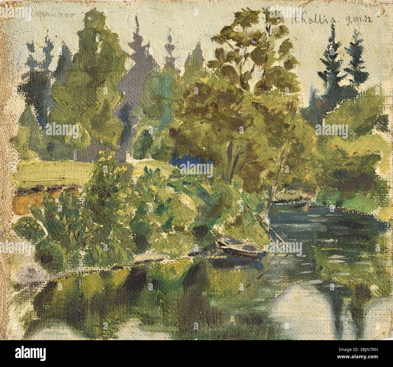 Cette étude de 1912 à l'huile sur toile d'Oskar Kallis intitulée 'Kaunissaar (Jõemaastik paadiga)' représente un paysage fluvial avec un bateau, reflétant la peinture de la nature estonienne du début du XXe siècle. Banque D'Images