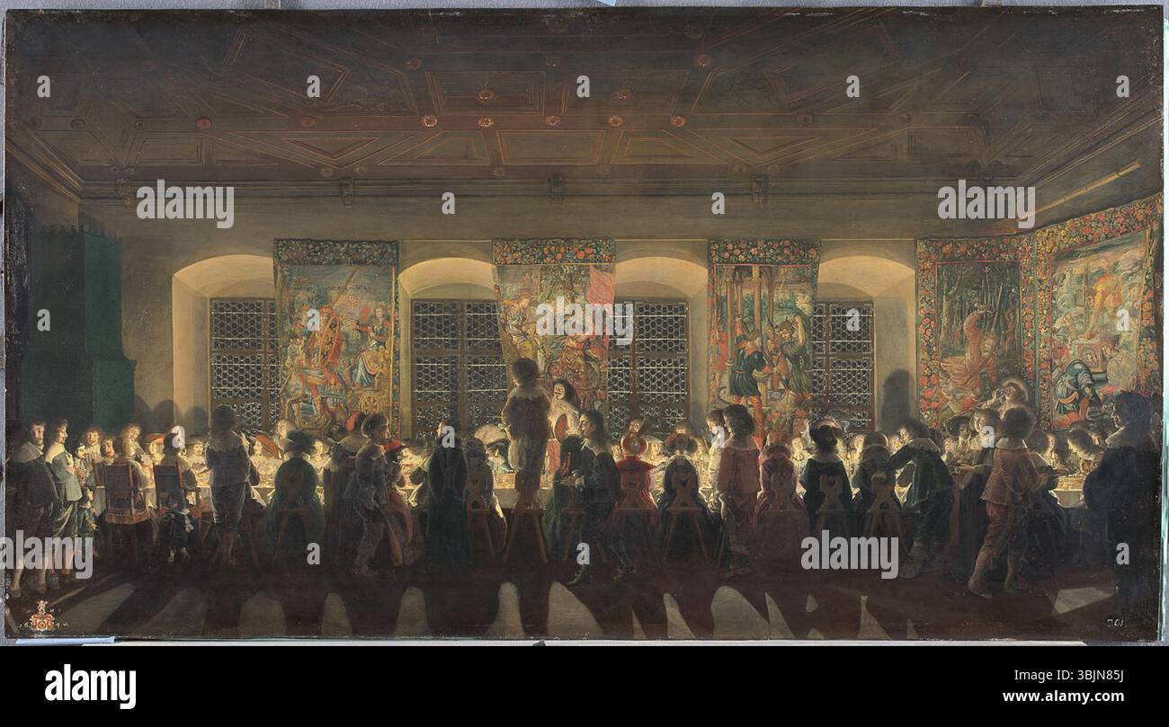 *Nocturnal banquet* (1640) de Wolfgang Heimbach est une huile sur cuivre qui illustre une somptueuse scène de banquet se déroulant la nuit, avec des personnages engagés dans une célébration en soirée. Banque D'Images