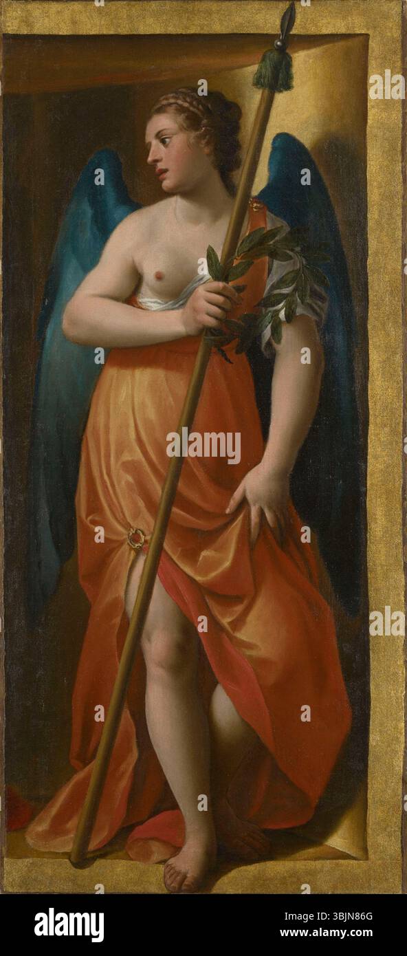 La peinture à l’huile sur toile Virtue d’Alessandro Turchi en 1606 représente la figure allégorique de la vertu, illustrant l’excellence morale à travers une imagerie symbolique conforme au baroque italien du début du XVIIe siècle Banque D'Images