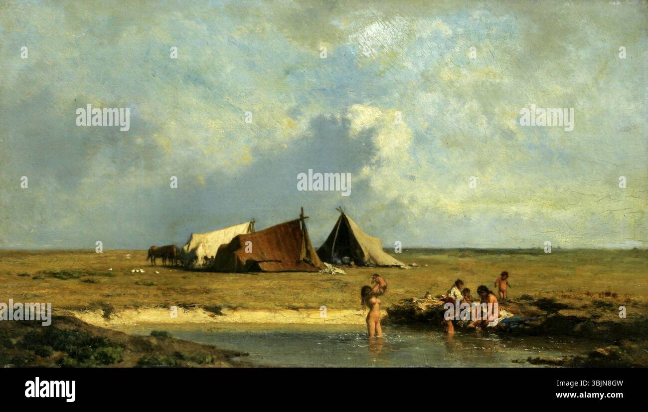 Le tableau de 1855 d'August von Pettenkofen 'Gipsy Camp in Puszta' représente un camp gitan dans la Puszta hongroise. L'huile sur panneau reflète le mode de vie nomade des gitans et le paysage aride qui les entoure. Banque D'Images