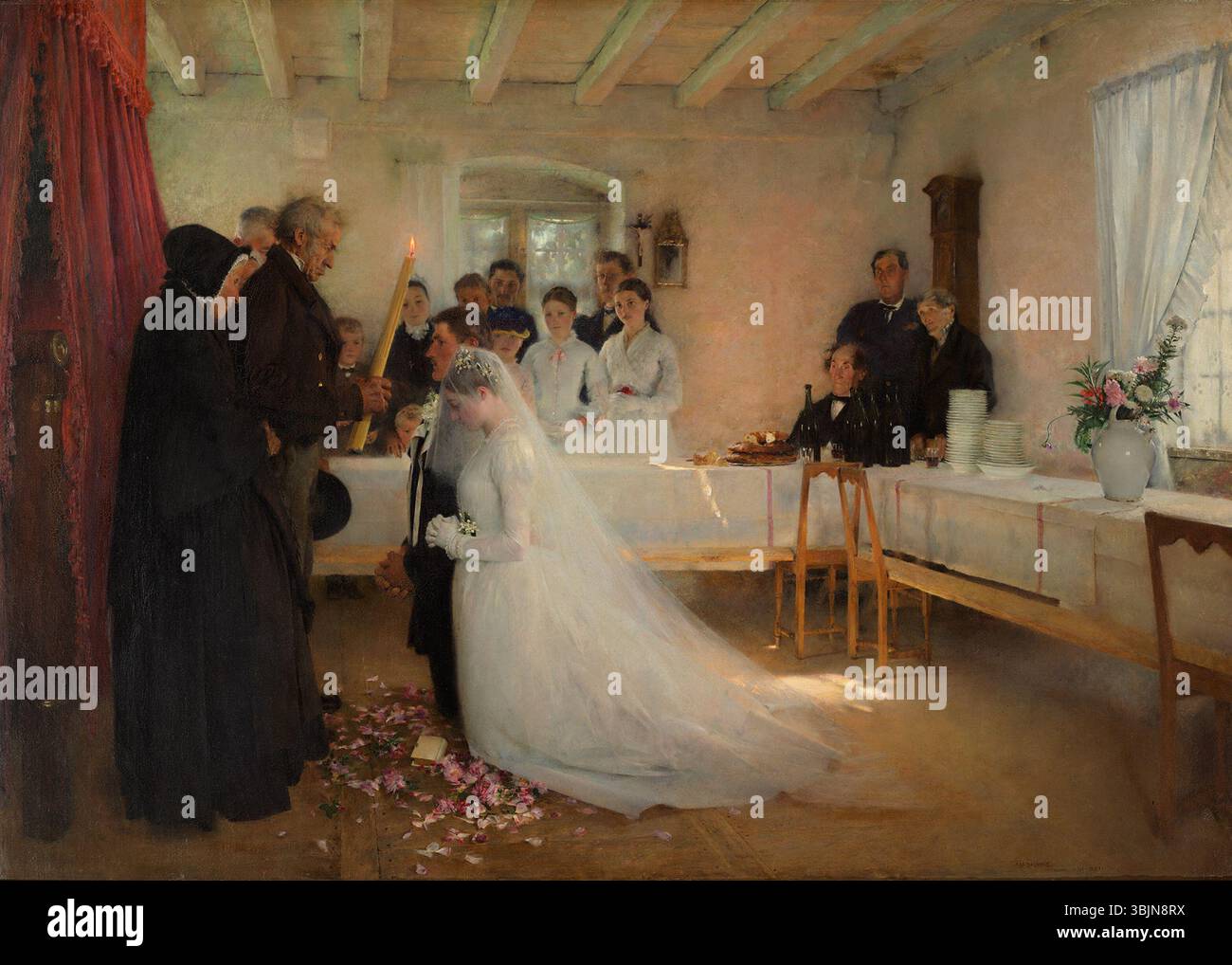 La bénédiction du jeune couple avant le mariage de Pascal Dagnan-Bouveret (1880-1881) dépeint une scène intime d’un jeune couple recevant une bénédiction avant leur mariage. La peinture capture la signification émotionnelle et spirituelle du moment. Banque D'Images