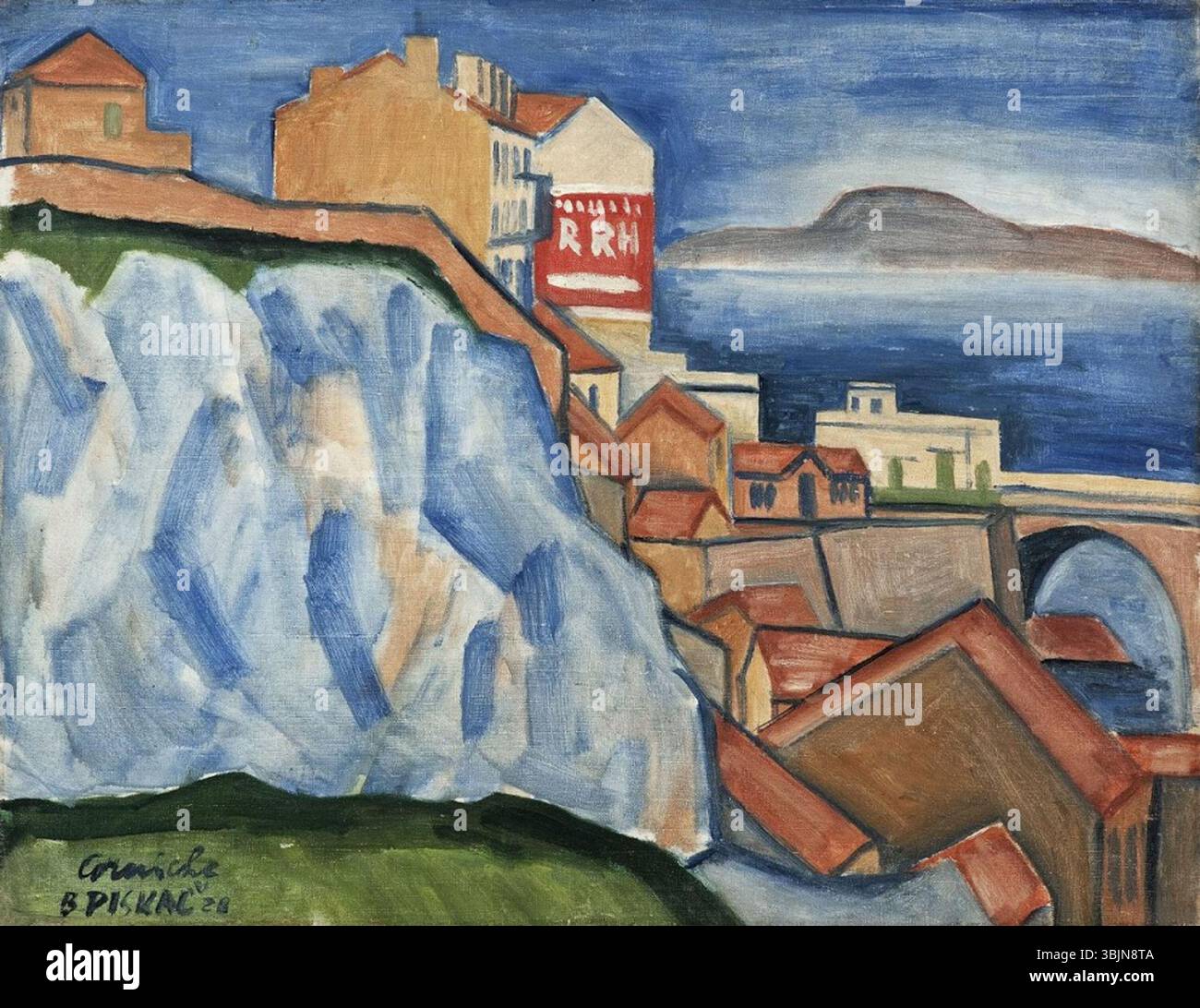 La Corniche de Marseille (1928) de Bedich Piska capture la vue imprenable sur la côte le long de la route de la Corniche à Marseille, en France, avec ses falaises époustouflantes et sa mer Méditerranée vibrante, rendue dans un style audacieux et expressif. Banque D'Images