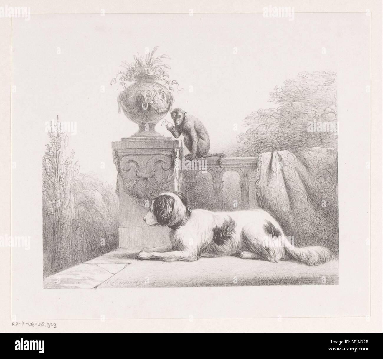 Créée entre 1849 et 1859 par Arie Ketting de Koningh, cette œuvre représente un chien et un singe sur une terrasse. La peinture met l'accent sur le comportement animal et l'interaction dans un cadre domestique. Banque D'Images