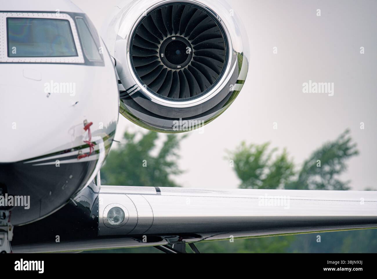 Gros plan du jet privé Gulfstream montrant la fenêtre du cockpit, la nacelle du moteur et les détails de l'aile polie. Aubes de turboréacteur clairement visibles contre t flou Banque D'Images