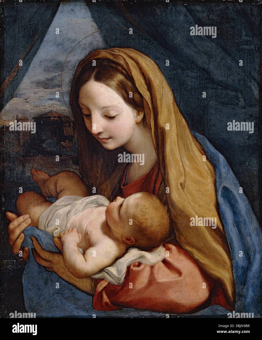 Maria mit Kind (Vierge et enfant) de Carlo Maratta (1625-1713) a été peinte vers 1660. La pièce représente la Vierge Marie tenant l'enfant Jésus, un thème populaire dans l'art baroque, caractérisé par des expressions faciales douces et sereines et une composition harmonieuse. Banque D'Images