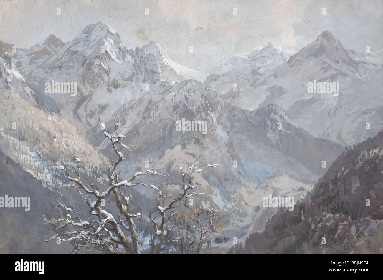 Peinture à la gouache d'Edward Theodore Compton de 1913, représentant le paysage de la vallée du Blühnbach. Banque D'Images