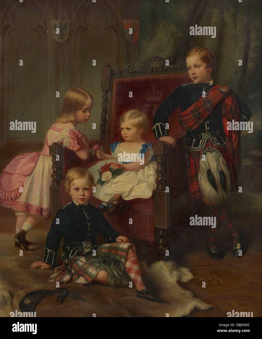 Dans ce tableau de 1865, George Koberwein représente les quatre enfants aînés du prince héritier et de la princesse Frédéric-Guillaume de Prusse. L'huile sur toile représente la famille royale dans un cadre formel, soulignant leur tenue royale et leurs poses dignes, typiques des portraits du milieu du XIXe siècle. Banque D'Images