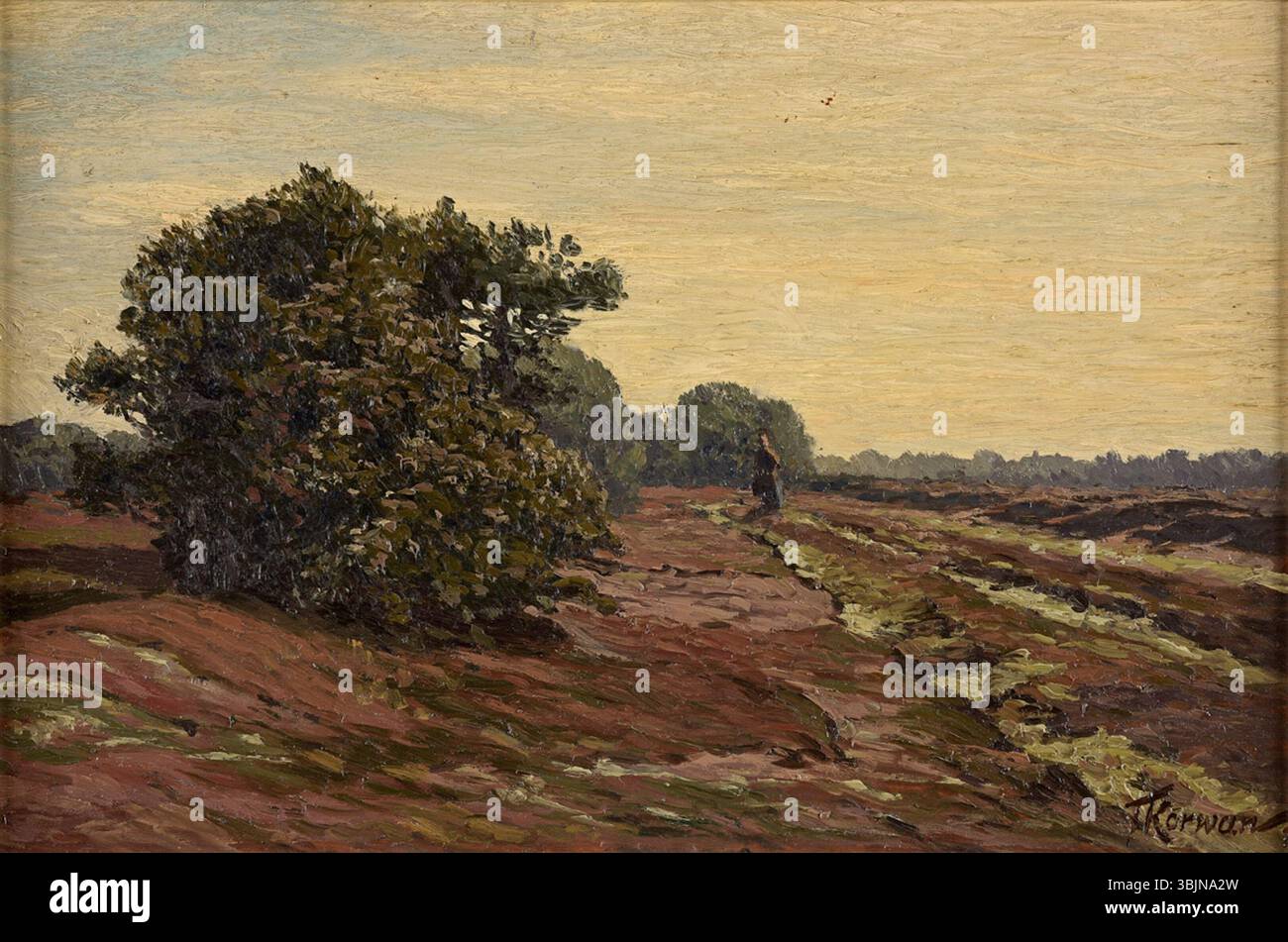 'Herbstlandschaft' de Franz Korwan (avant 1942) est une peinture de paysage représentant une scène d'automne avec des arbres et du feuillage dans des couleurs d'automne riches. L'huile sur bois capture la beauté atmosphérique de la saison changeante, en mettant l'accent sur les tons chauds et terreux de l'automne. Banque D'Images