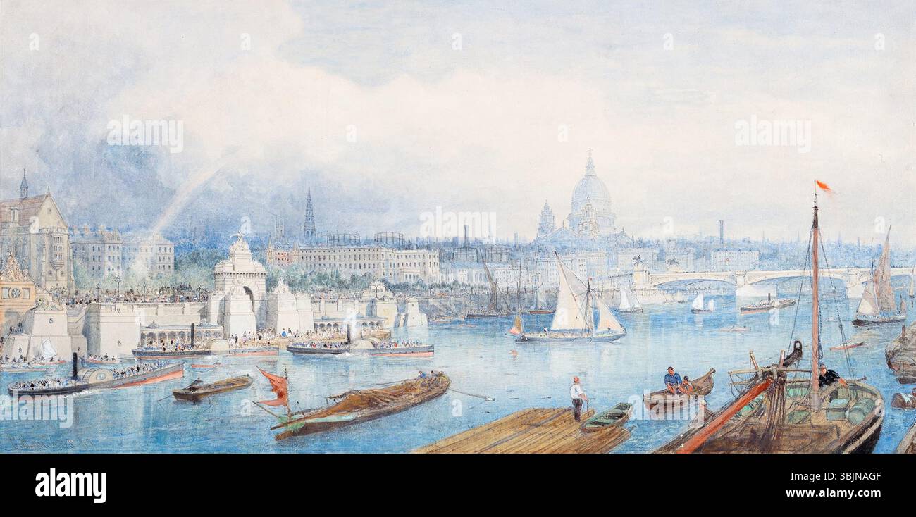La proposition de George Henry Andrews de 1865 pour un quai de bateau à vapeur à Temple sur le quai Victoria à Londres comprend Blackfriars Bridge en aval. L’œuvre est exécutée au crayon, à l’encre, à l’aquarelle et à la gouache, signée et datée, mesurant 8,5 x 17 pouces. Banque D'Images
