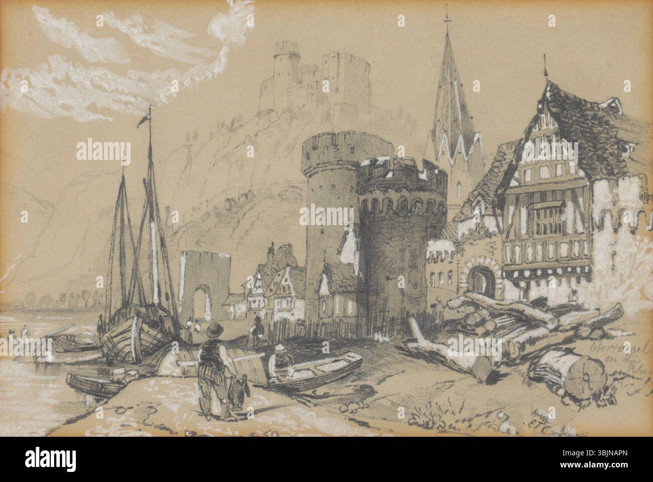 Le dessin d'Edward Theodore Compton 'Oberwesel am Rhein' (Oberwesel sur le Rhin) est une pièce du début du XXe siècle, signée de son monogramme. L’œuvre de graphite et de gouache sur papier représente la ville pittoresque d’Oberwesel, située sur le Rhin, mettant en valeur la maîtrise du paysage par Compton Banque D'Images