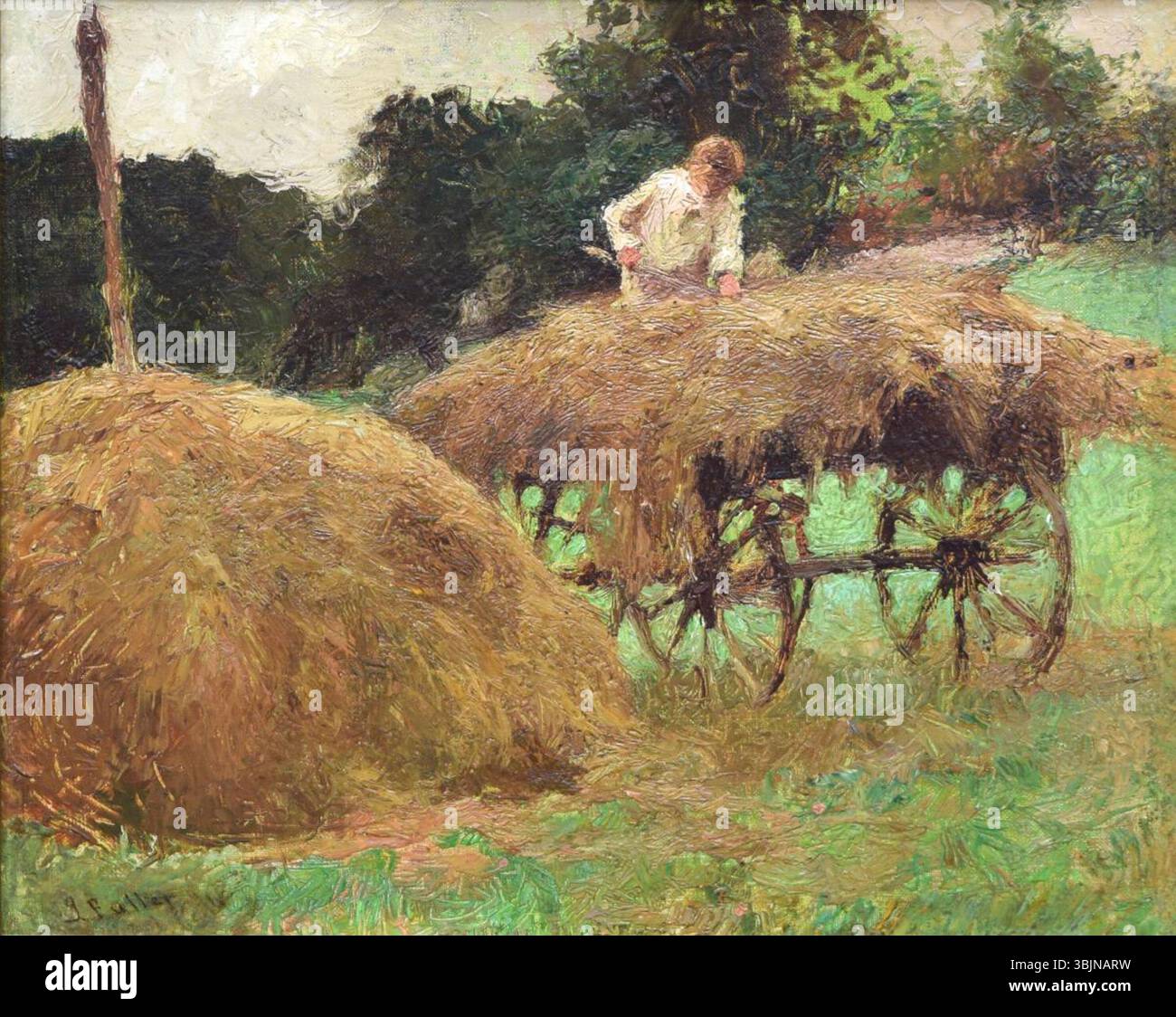 'Harvest Time' de George Fuller, peint vers 1880, représente une scène rurale d'agriculteurs récoltant des cultures. La peinture à l'huile sur toile souligne l'importance de l'agriculture et du travail saisonnier au XIXe siècle. Banque D'Images