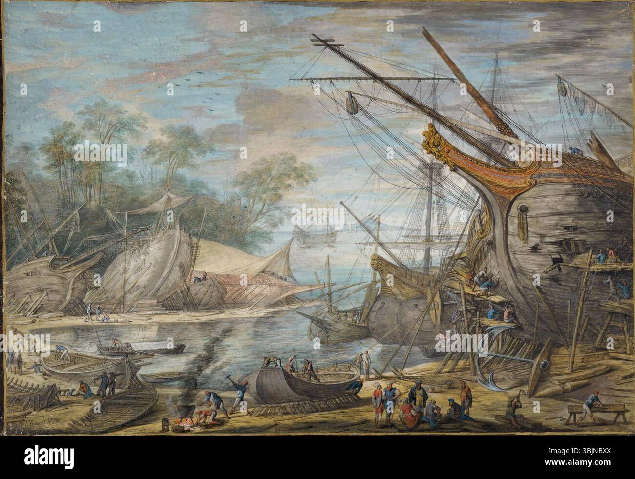 Le chantier naval de Johann Wilhelm Baur peint vers 1635 représente une scène animée du chantier naval. Cette miniature sur parchemin capture le travail complexe et l'activité impliqués dans la construction navale au début du XVIIe siècle, mettant en valeur l'attention de Baur pour les détails et l'artisanat. Banque D'Images