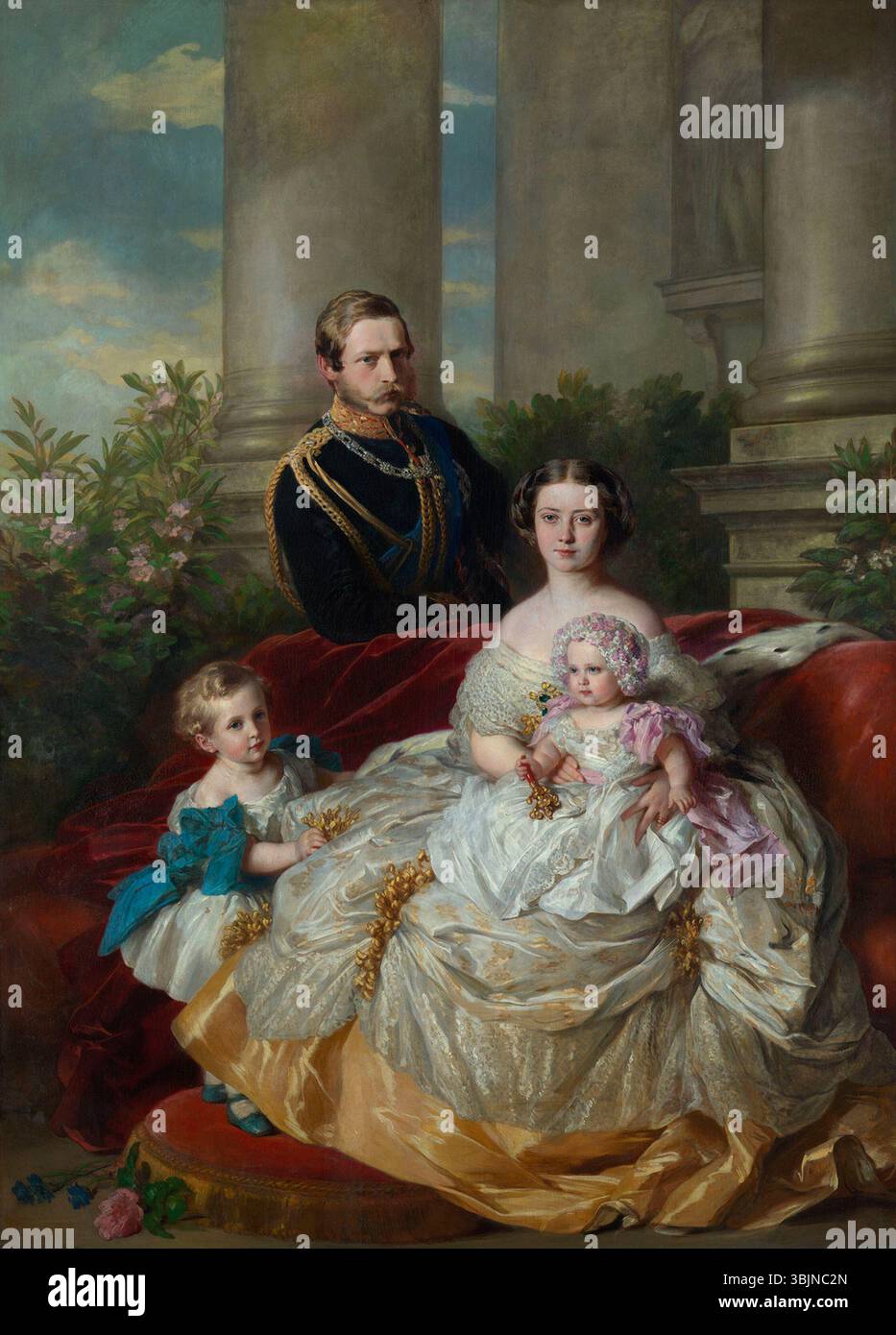 Le tableau de Franz Xaver Winterhalter de 1862 « la famille du prince héritier et de la princesse héritière Frédéric-Guillaume de Prusse » représente la famille royale dans un cadre intime et formel. L’huile sur toile capte le lien familial et la dignité royale. Banque D'Images