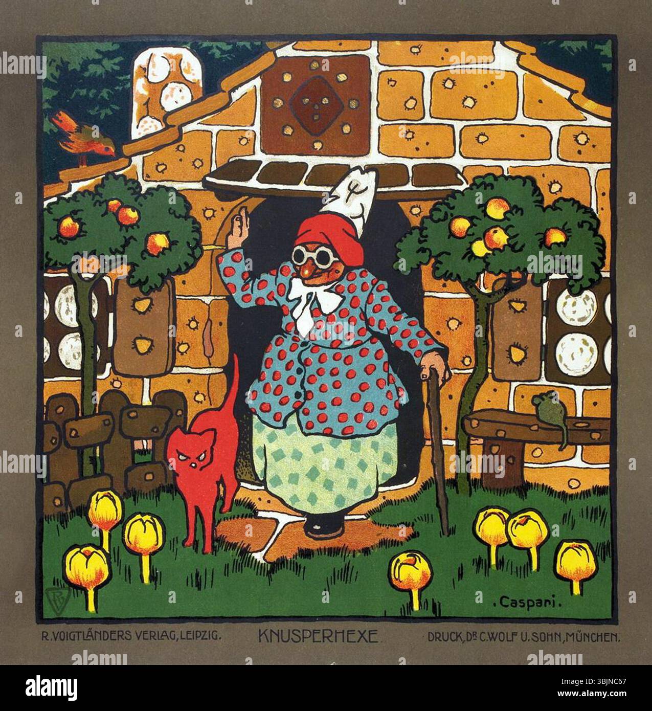 Lithographie couleur de Walther Caspari (1869-1913), intitulée 'Knusperhexe', créée vers 1905. Imprimé par C. Wolf & Sohn à Munich et édité par R. Voigtländer à Leipzig. Banque D'Images Lithographie couleur de Walther Caspari (1869-1913), intitulée 'Knusperhexe', créée vers 1905. Imprimé par C. Wolf & Sohn à Munich et édité par R. Voigtländer à Leipzig. Banque D'Images