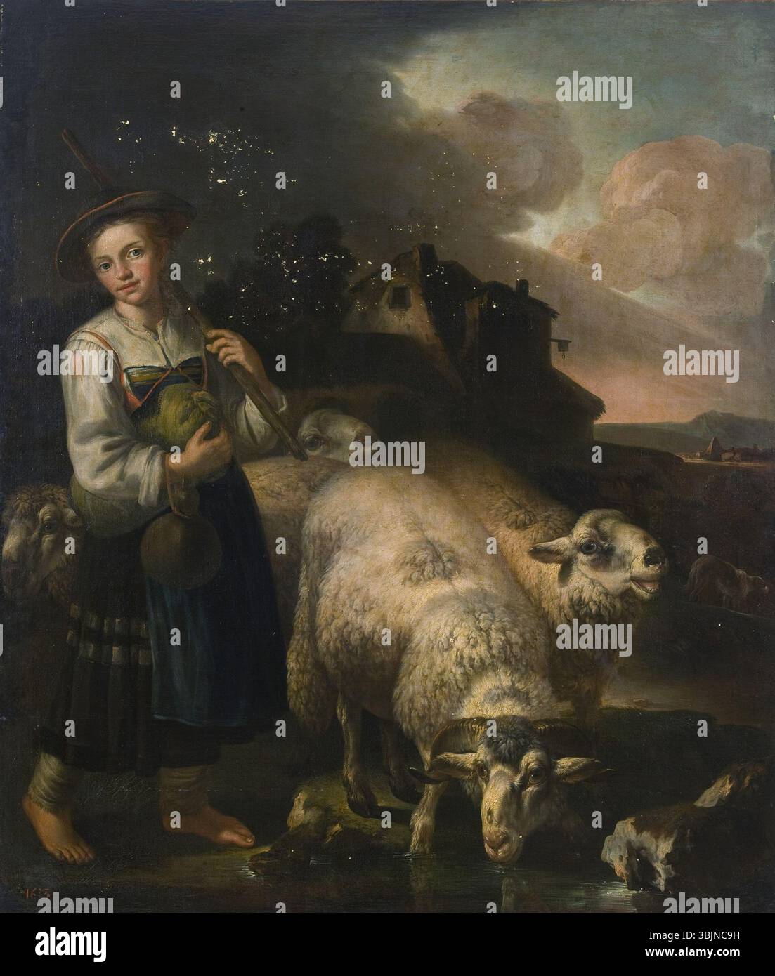 Giacinto Brandi (1621-1691) peint « Berger avec moutons » au XVIIe siècle. L'huile sur toile montre une bergère avec son troupeau de moutons dans un cadre rural pastoral, mettant en valeur les compétences de Brandi dans la représentation de la nature et des sujets humains. Banque D'Images