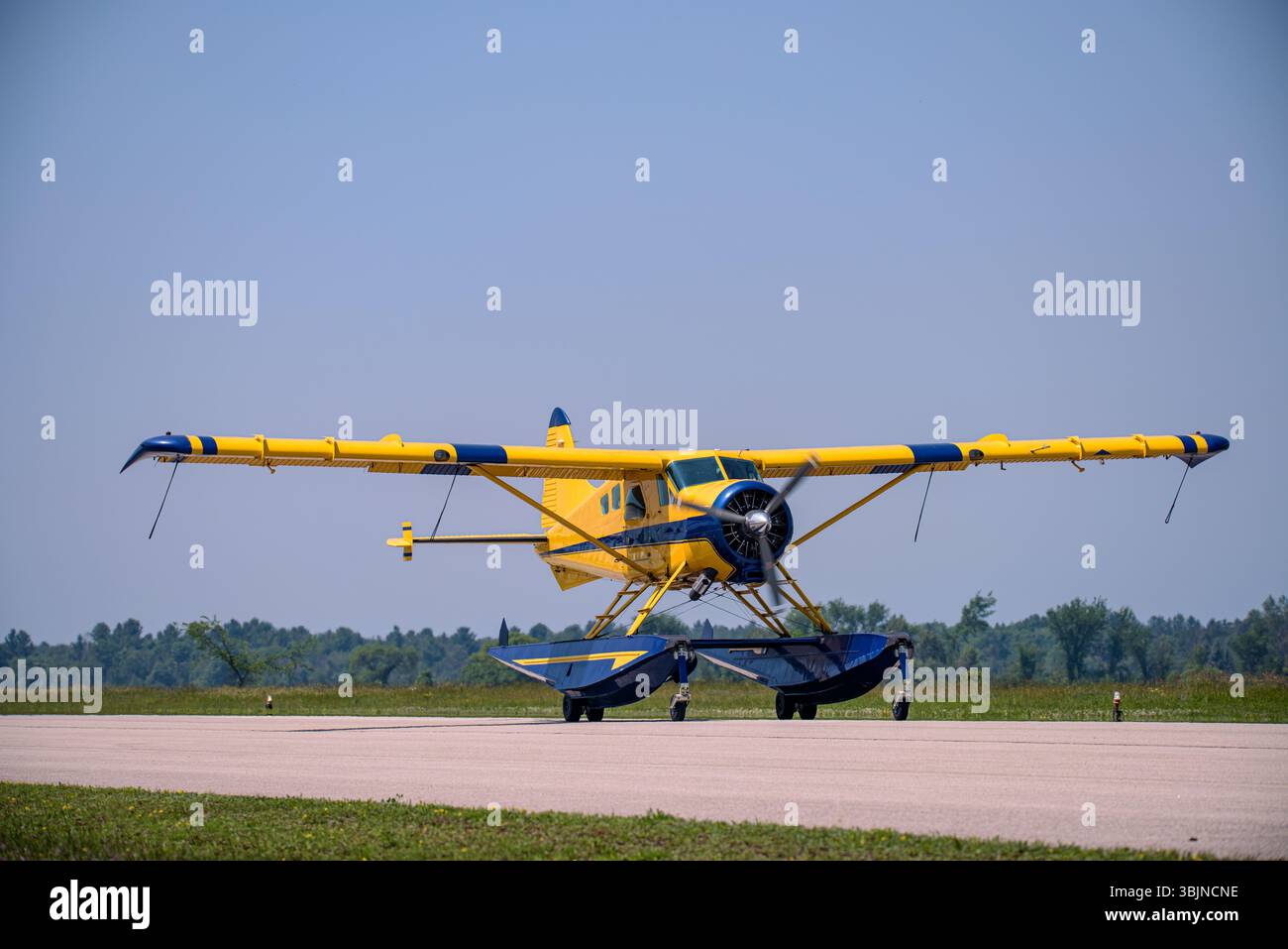 Vue de face d'un hydravion à moteur radial et flotteurs amphibies, stationné sur piste sous ciel dégagé. Rabot de bague classique utilisé pour le déplacement à distance. Banque D'Images