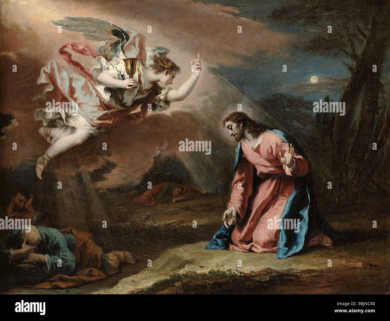 Sebastiano Ricci (1659-1734) peint Christus am Ölberg vers 1730. Cette huile sur toile représente la scène biblique de l'agonie du Christ dans le jardin de Gethsémani, mettant en valeur le style baroque avec une émotion dramatique et une composition dynamique. Banque D'Images