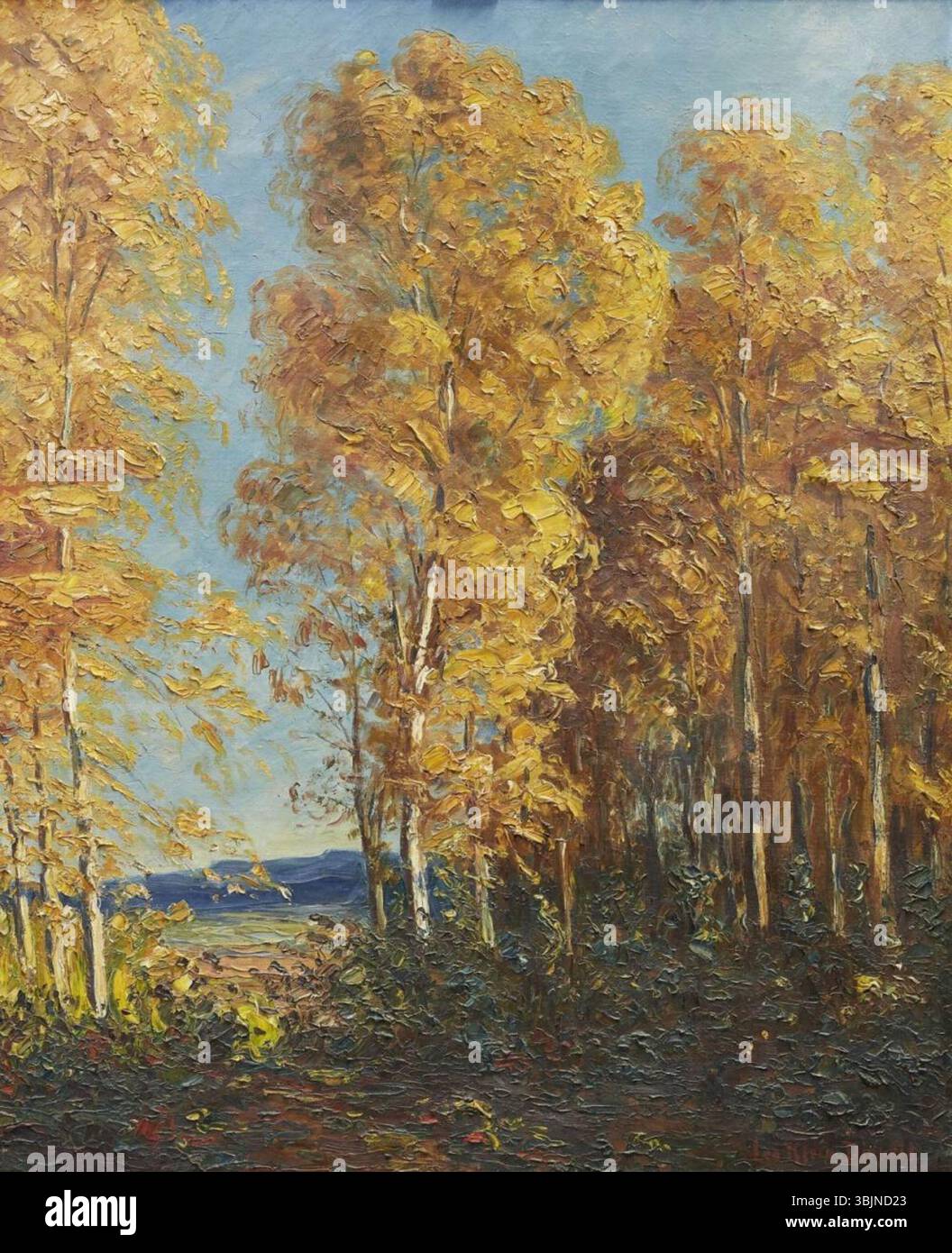 'Herbstwald' (forêt d'automne) de Leo Klein von Diepold est une peinture à l'huile sur toile, signée par l'artiste. L'œuvre, mesurant 80 x 65 cm, présente une représentation vibrante du feuillage d'automne avec des couleurs riches et détaillées des feuilles changeantes. Banque D'Images