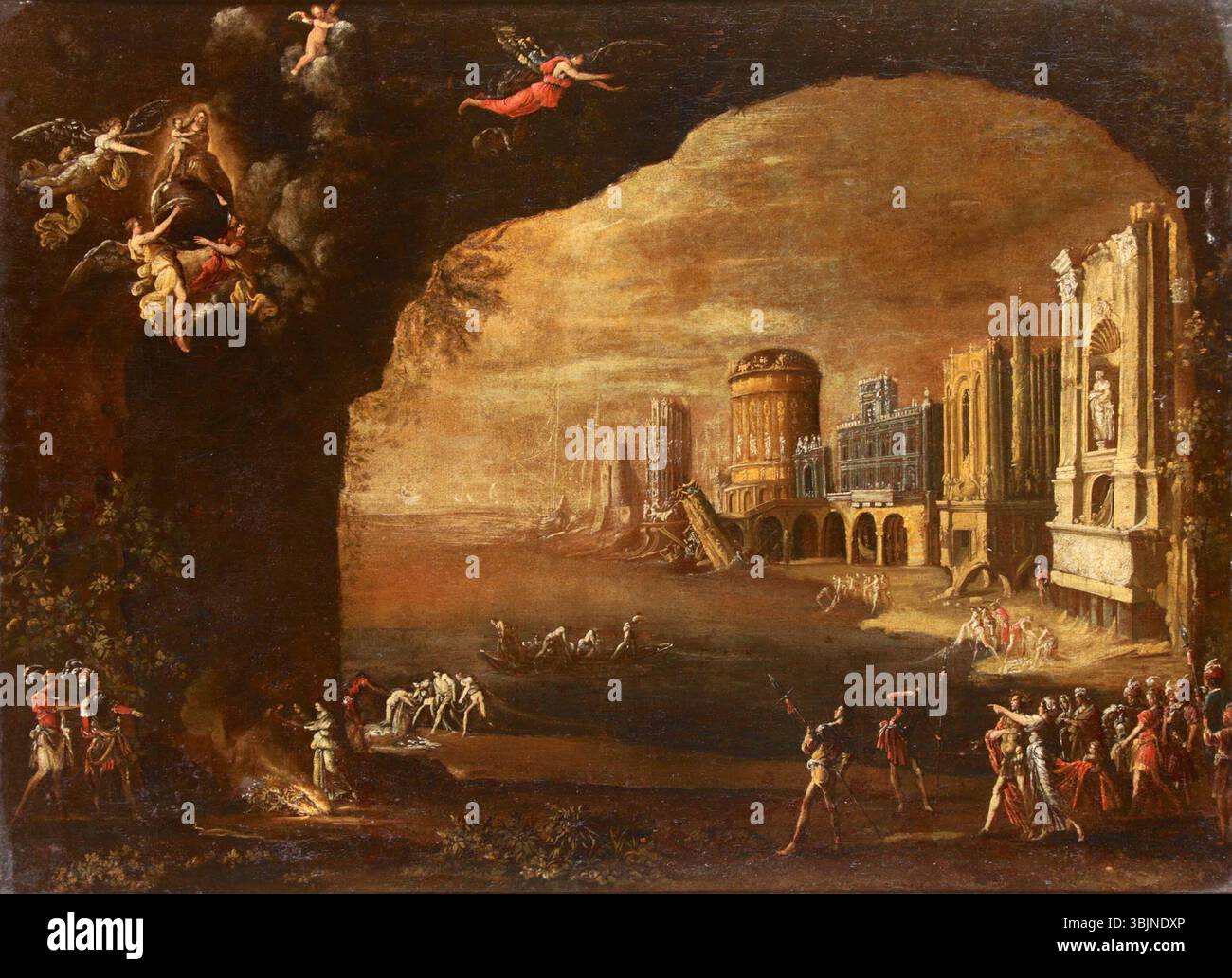 Peinture à l'huile du XVIIe siècle de François de Nomé intitulée « paysage fantastique », caractérisée par des éléments architecturaux et naturels imaginatifs. Banque D'Images