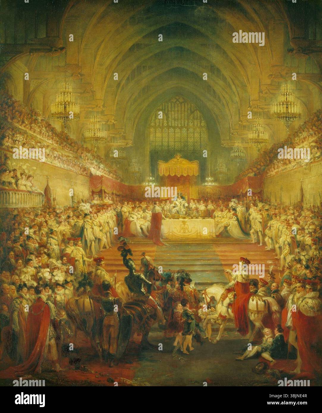 Le banquet au couronnement de George IV de George Jones représente une scène de grand banquet pendant le couronnement de George IV. L'huile sur toile souligne la grandeur et la cérémonie de l'événement. Banque D'Images