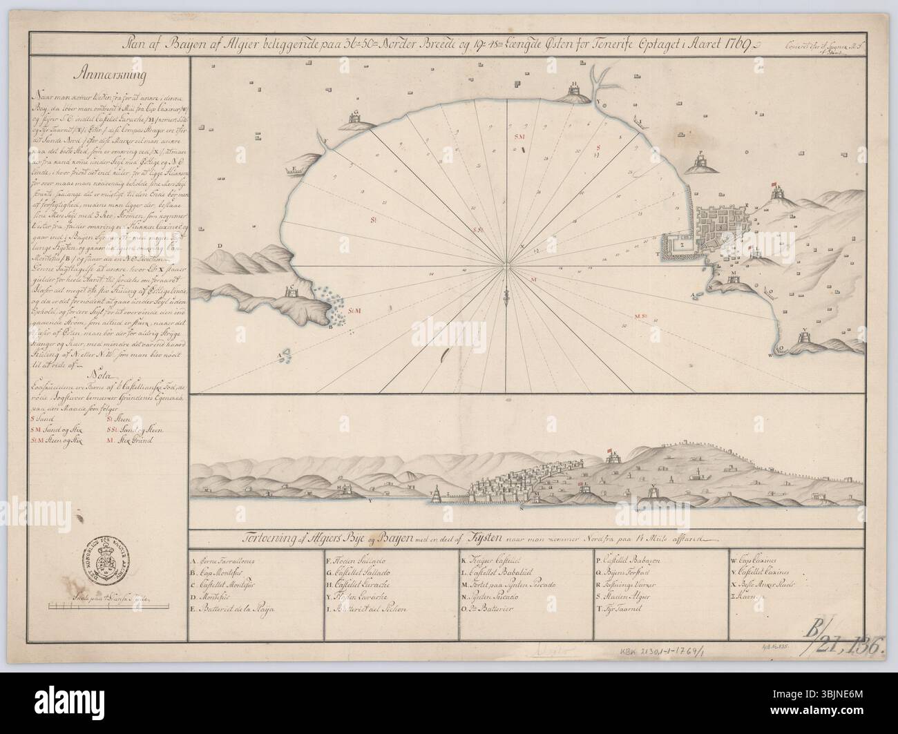 La carte de 1769 de Poul Løvenørn 'Plan af Baijen af Alger' présente le tracé géographique de la baie d'Alger, située à 36 º50' de latitude nord et 19 º48' de longitude est. Cette carte détaillée met en évidence les caractéristiques côtières importantes de la région nord-africaine. Banque D'Images
