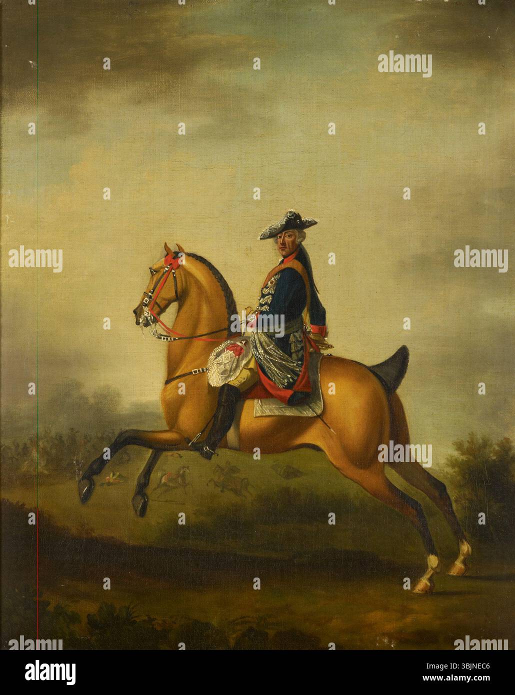 Le portrait de David Morier de Frédéric II, roi de Prusse, peint vers 1763, met en valeur le monarque dans une pose royale, soulignant sa stature militaire et royale. Banque D'Images