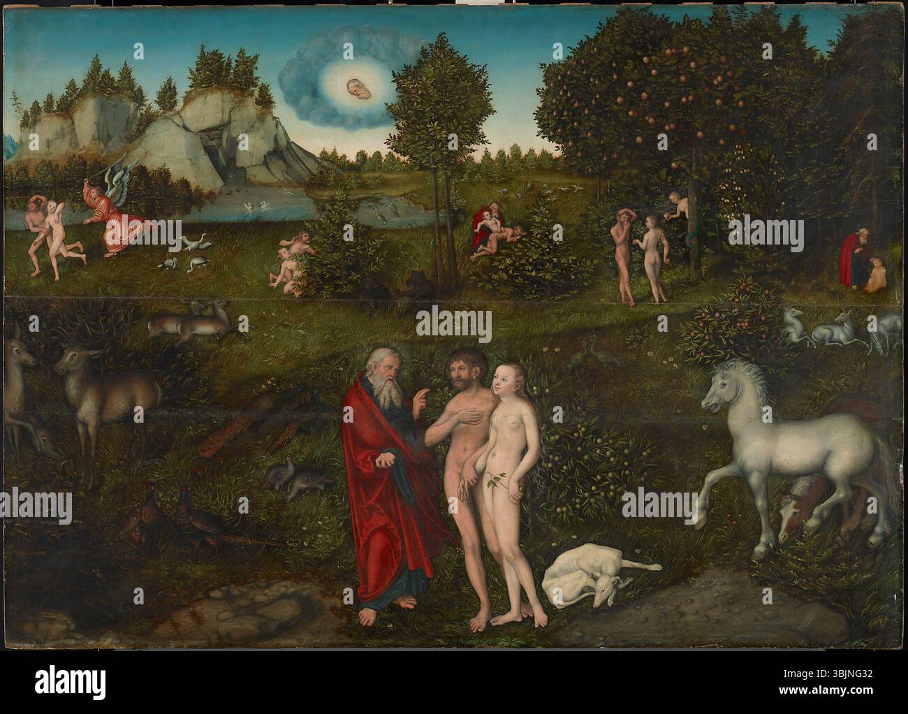 Lucas Cranach 'Paradies' (Paradis) de Lucas Cranach l'ancien peint en 1530, représente le jardin d'Eden avec Adam et Ève dans un état serein avant la chute. L'huile sur panneau reflète la maîtrise de Cranach des sujets bibliques et des détails naturalistes. Banque D'Images