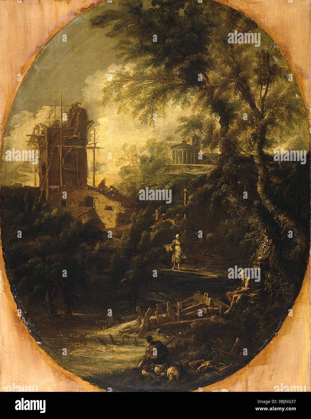 Paysage avec une femme ermite, pèlerin et paysanne est une peinture d'Antonio Francesco Peruzzini et Sebastiano Ricci des années 1710, mettant en valeur une scène rurale avec de multiples figures dans un cadre naturel. Banque D'Images