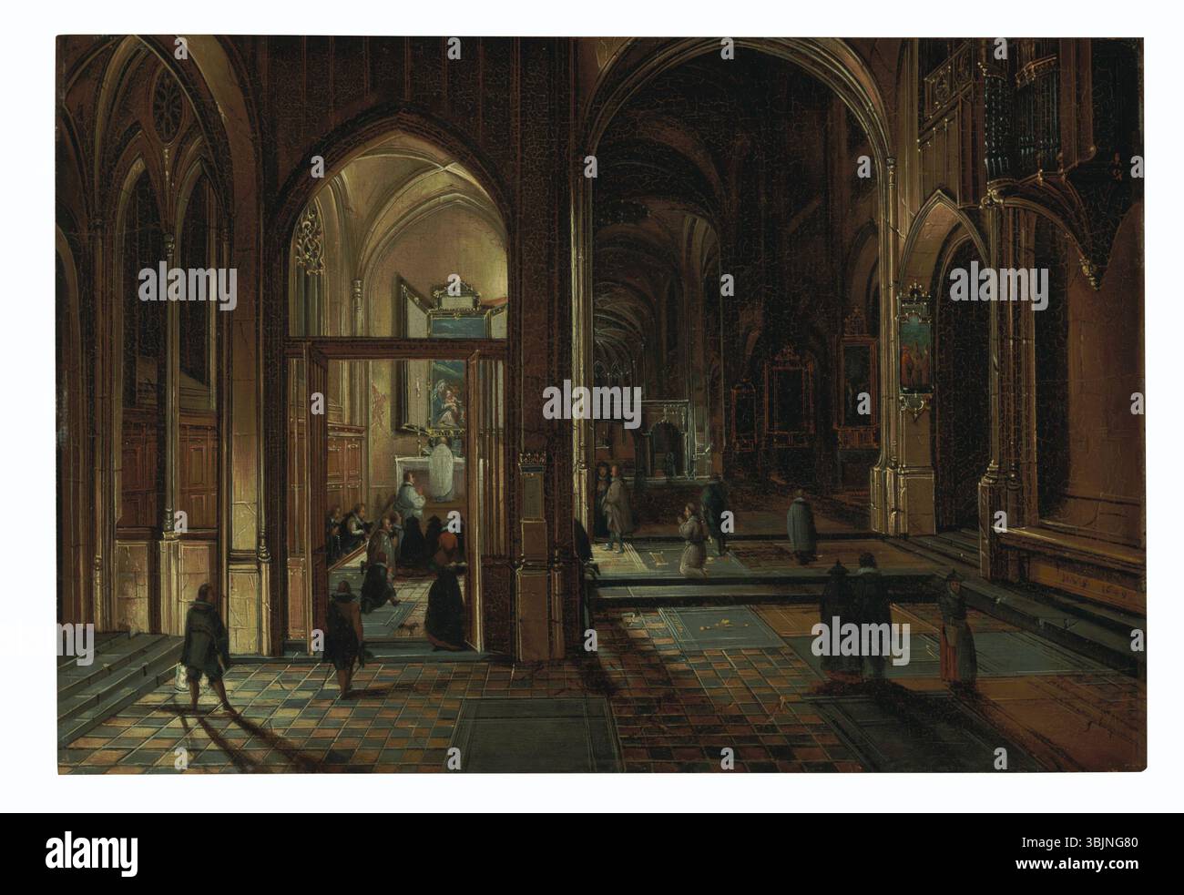 'Intérieur d'une cathédrale la nuit avec un prêtre célébrant la messe' est une peinture à l'huile de Hendrick van Steenwijk II, représentant une cathédrale solennelle et faiblement éclairée avec un prêtre exécutant Mass. L’œuvre capture l’atmosphère paisible et sacrée d’un service religieux nocturne. Banque D'Images