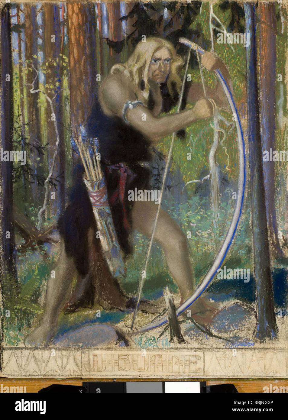 Vibulane (1914-1915) d'Oskar Kallis est une peinture pastel représentant une représentation dynamique d'un archer. L'œuvre capture le mouvement et l'intensité de la figure, avec des couleurs vives améliorant la fluidité de l'action. Banque D'Images