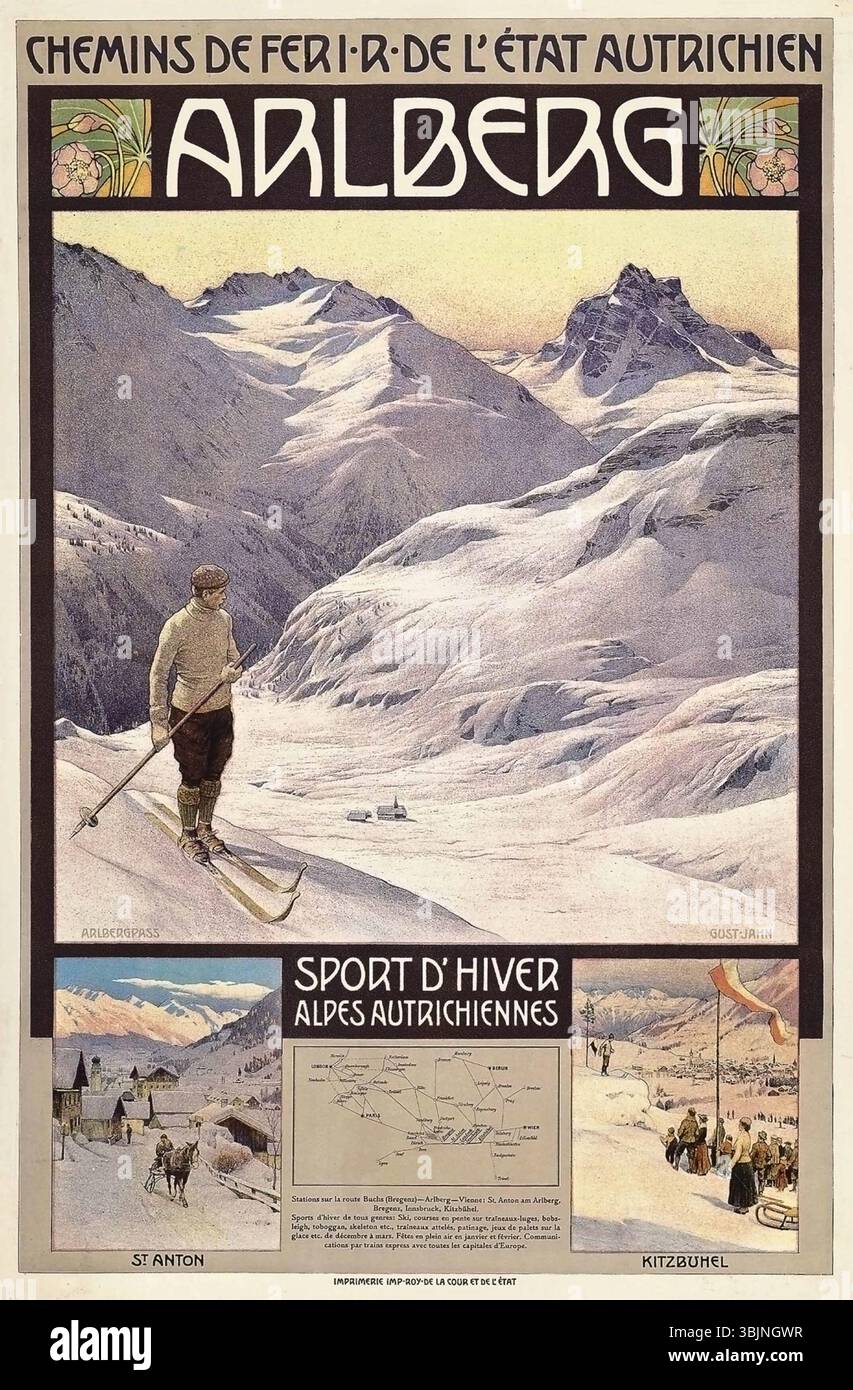 Affiche de 1907 de Gustav Jahn pour les chemins de fer autrichiens promouvant la région d'Arlberg, montrant les paysages alpins et la culture du ski. Banque D'Images