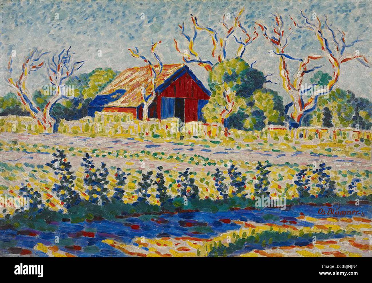 L'huile sur toile d'Oscar Bluemner de 1911 'Old Barn at Sheepshead Bay' capture une grange rurale et le paysage environnant avec un pinceau expressif typique du début du modernisme américain. Banque D'Images