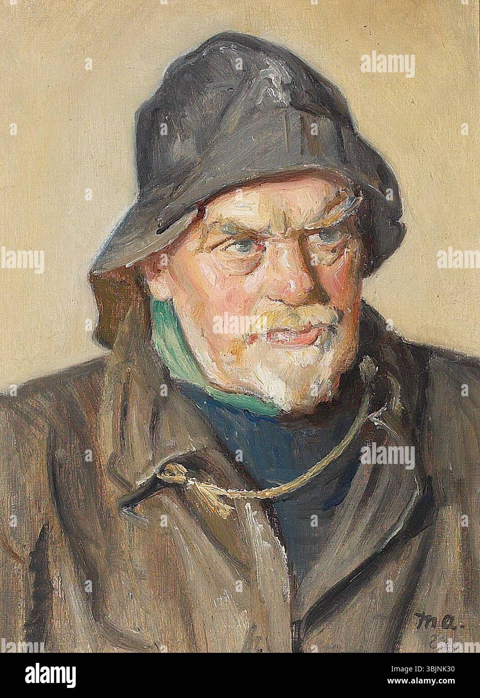 Peinture à l'huile des années 1880 par Michael Ancher représentant un pêcheur portant un chapeau de sou'wester. Le portrait se concentre sur le visage du pêcheur et la tenue de pêche traditionnelle. Banque D'Images