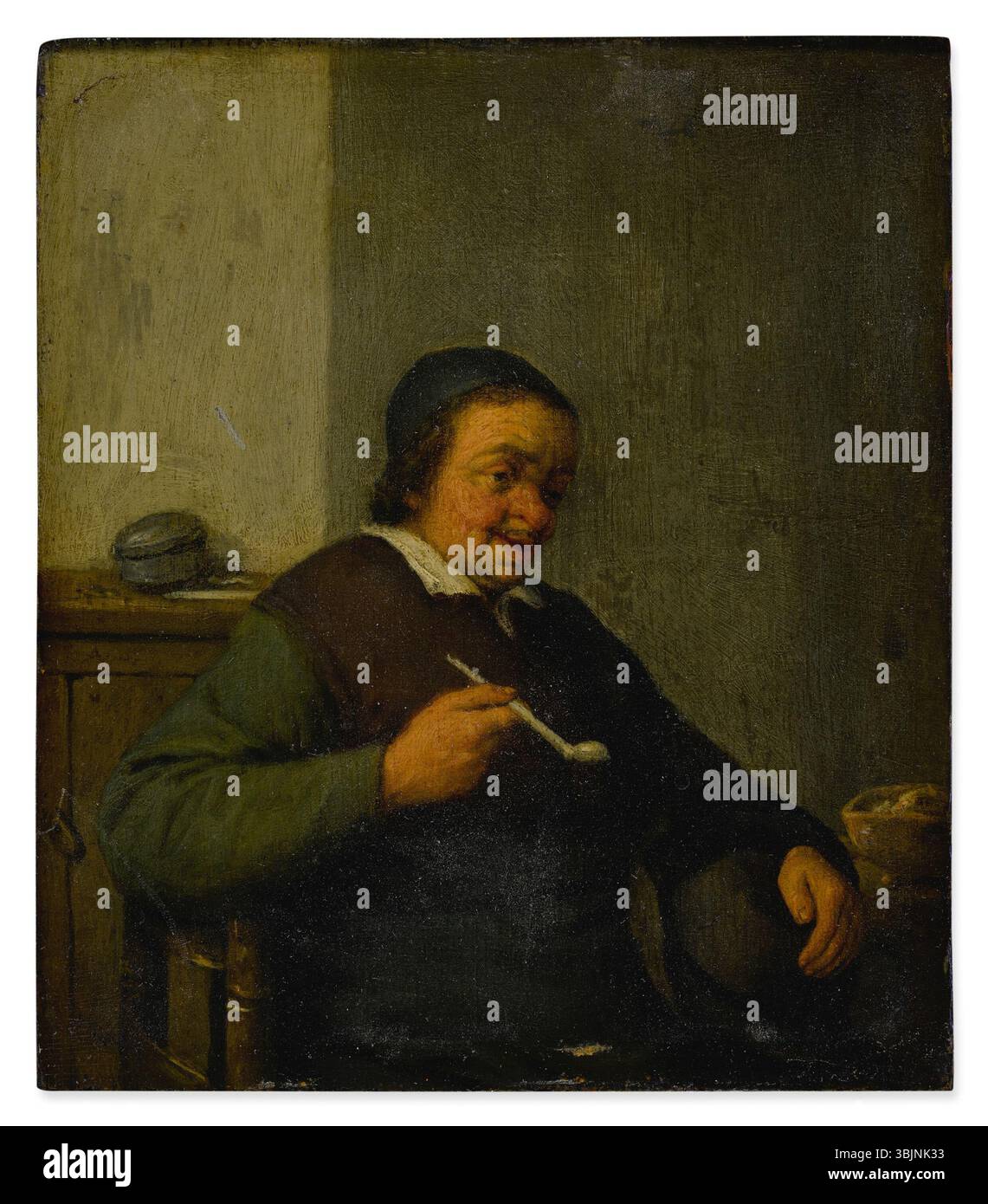 *A Man Smoking in an Interior d’Adriaen van Ostade ; A Woman Holding a Jug and a Cup* (XVIIe siècle) montre deux personnages engagés dans les activités quotidiennes, l’un fumant et l’autre tenant des articles ménagers. L'huile sur panneau reflète la vie commune dans les intérieurs hollandais du XVIIe siècle. Banque D'Images