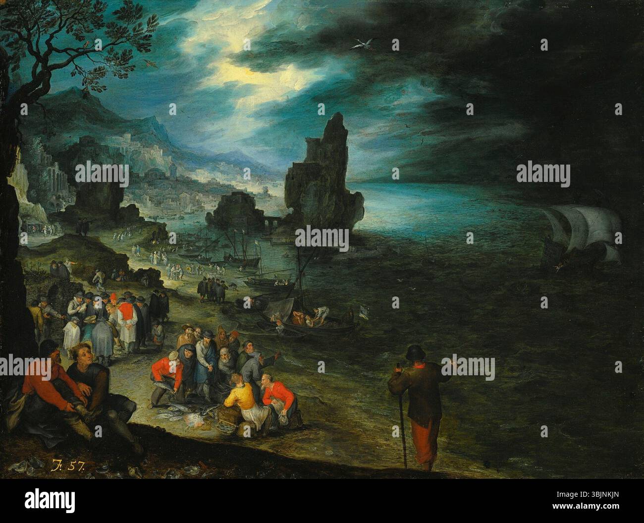 « Paysage côtier avec Jonas étant coulé par-dessus bord » de Jan Brueghel l'ancien, peint en 1595, représente la scène biblique de Jonas jeté à la mer. La peinture capture le moment dramatique avec le rendu détaillé de Brueghel de la mer et du paysage. Banque D'Images « Paysage côtier avec Jonas étant coulé par-dessus bord » de Jan Brueghel l'ancien, peint en 1595, représente la scène biblique de Jonas jeté à la mer. La peinture capture le moment dramatique avec le rendu détaillé de Brueghel de la mer et du paysage. Banque D'Images