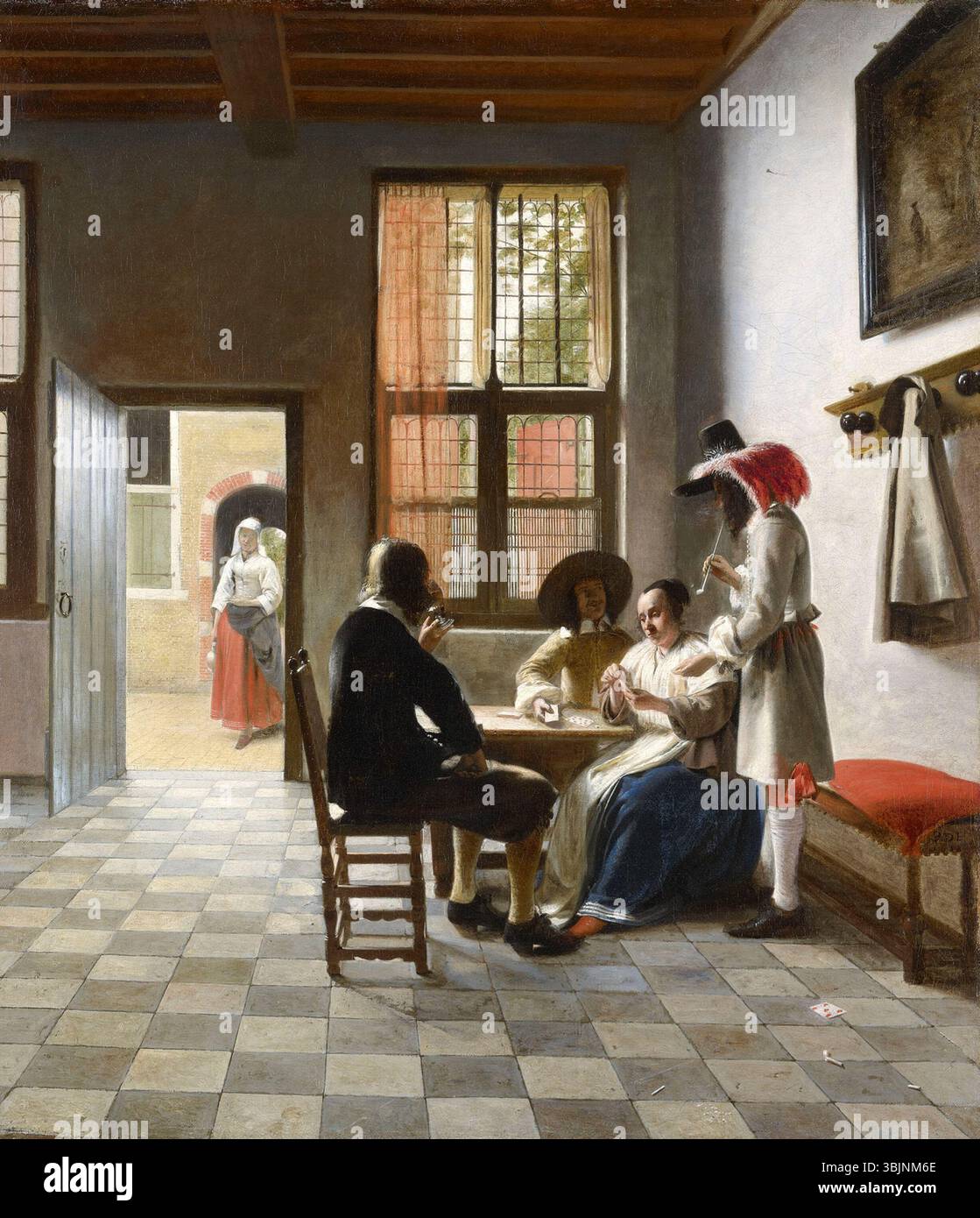 La peinture de Pieter de Hooch, « Cardplayers in a Sunlit Room » (1658), représente un groupe d'individus jouant aux cartes dans un intérieur bien éclairé. L’huile sur toile souligne le jeu de lumière dans la pièce et l’interaction sociale entre les figures. Banque D'Images