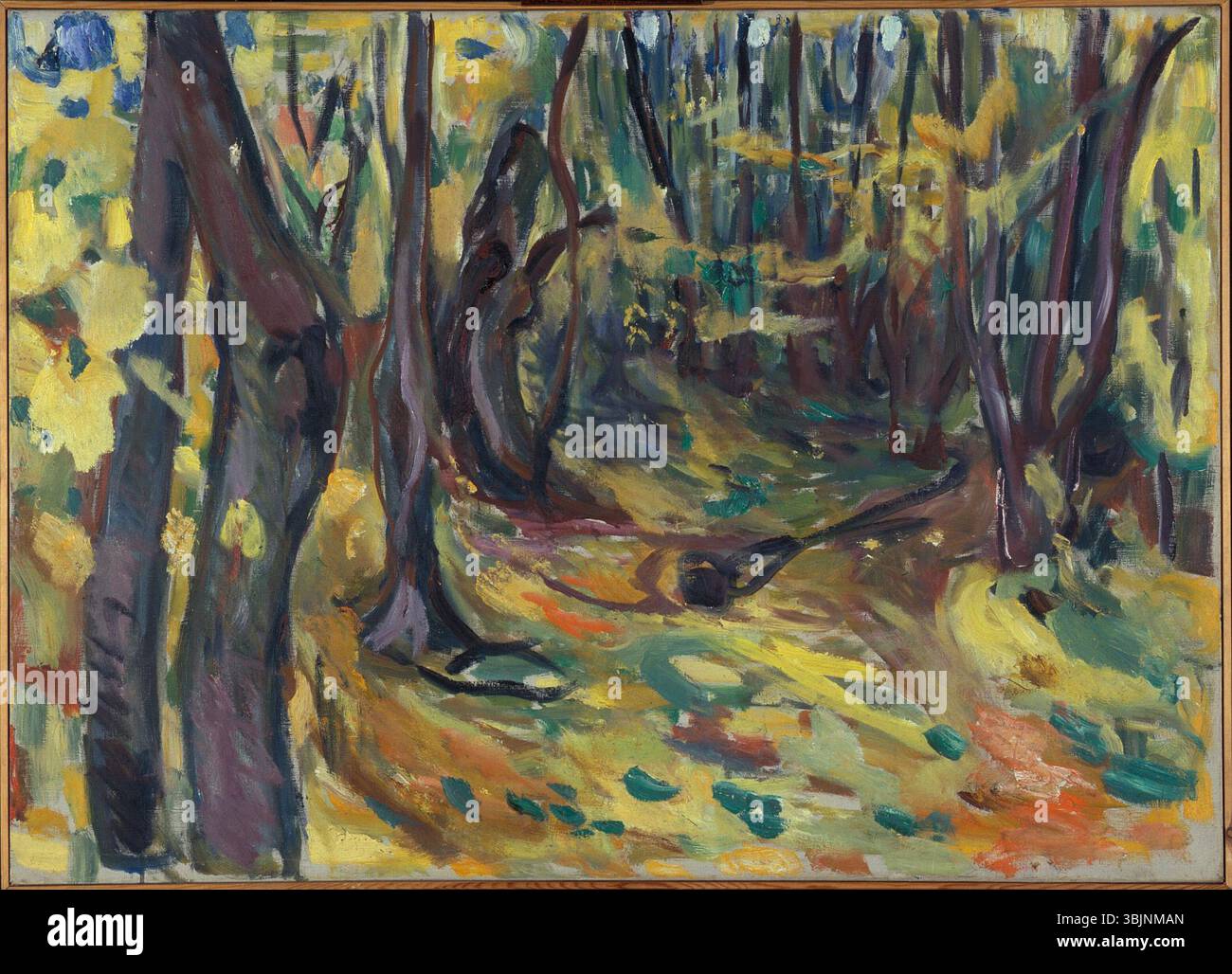 'Elm Forest in Autumn' (1919-1920) d'Edvard Munch est une peinture atmosphérique représentant une forêt dense aux couleurs automnales. Les textures riches et les teintes chaudes évoquent la transition des saisons et la beauté éphémère de la nature. Banque D'Images