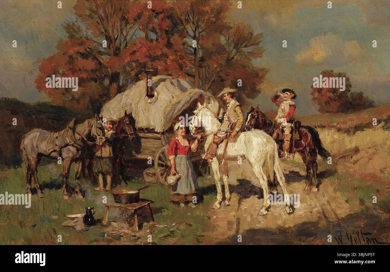 « Halt im Zigeunerlager » de Wilhelm Velten (s'arrêtant pour boire un verre au camp gitan) capture un moment de voyageurs qui font une pause dans un camp gitan. L'huile sur carton reflète l'atmosphère culturelle de la vie rom du XIXe siècle. Banque D'Images
