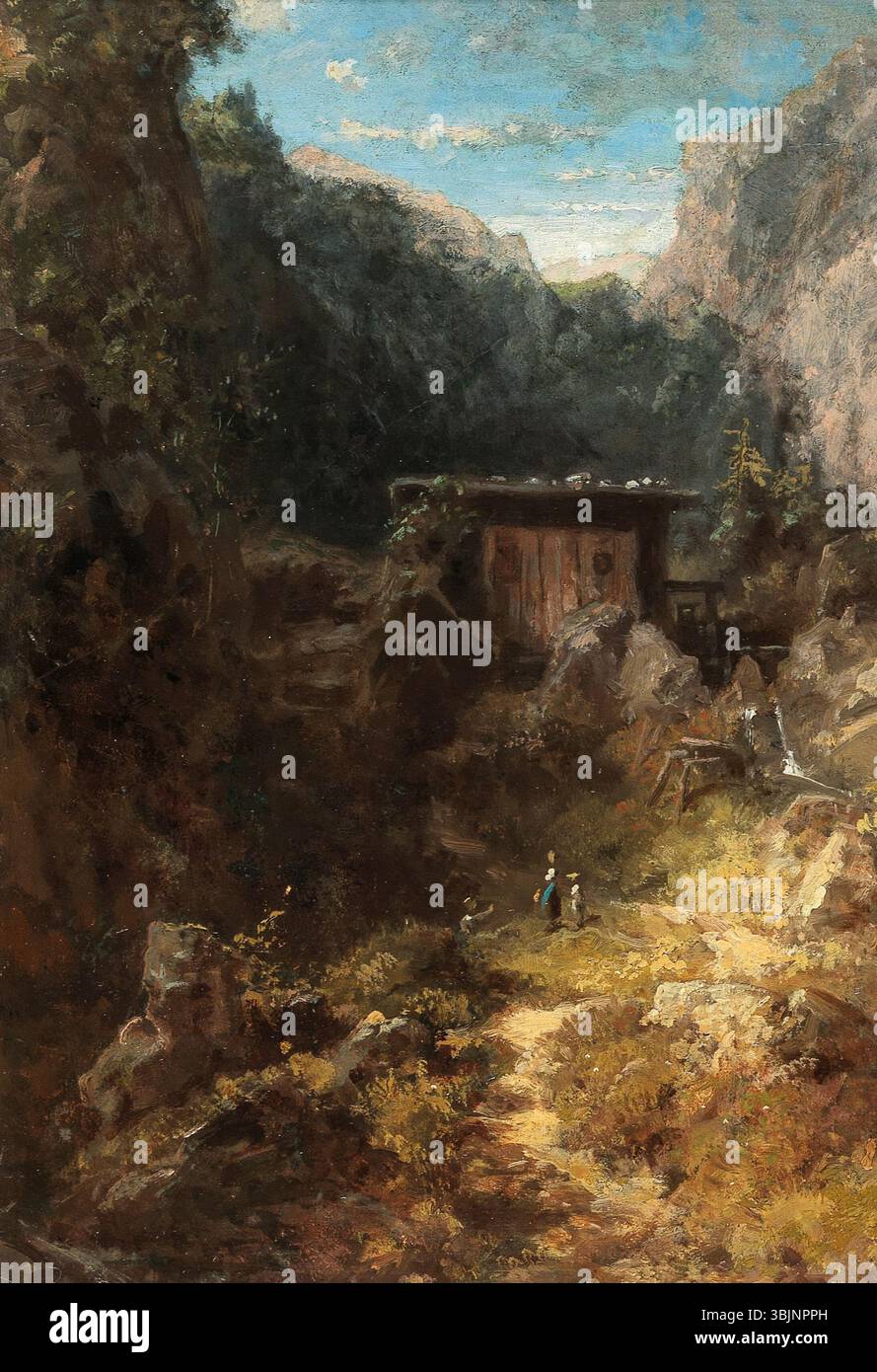 La peinture de Carl Spitzweg de 1880, « Gebirgsmühle », est une huile sur carton mince montée sur toile. Mesurant 31 x 22,2 cm, il est signé d'une signature en losange. La peinture comprend les restes d'une ancienne étiquette adhésive et des numéros d'inventaire, dont 2159 de la collection Lichtenstein. Il est catalogué comme WVZ-Nr. 1333 dans le catalogue Wichmann. Banque D'Images