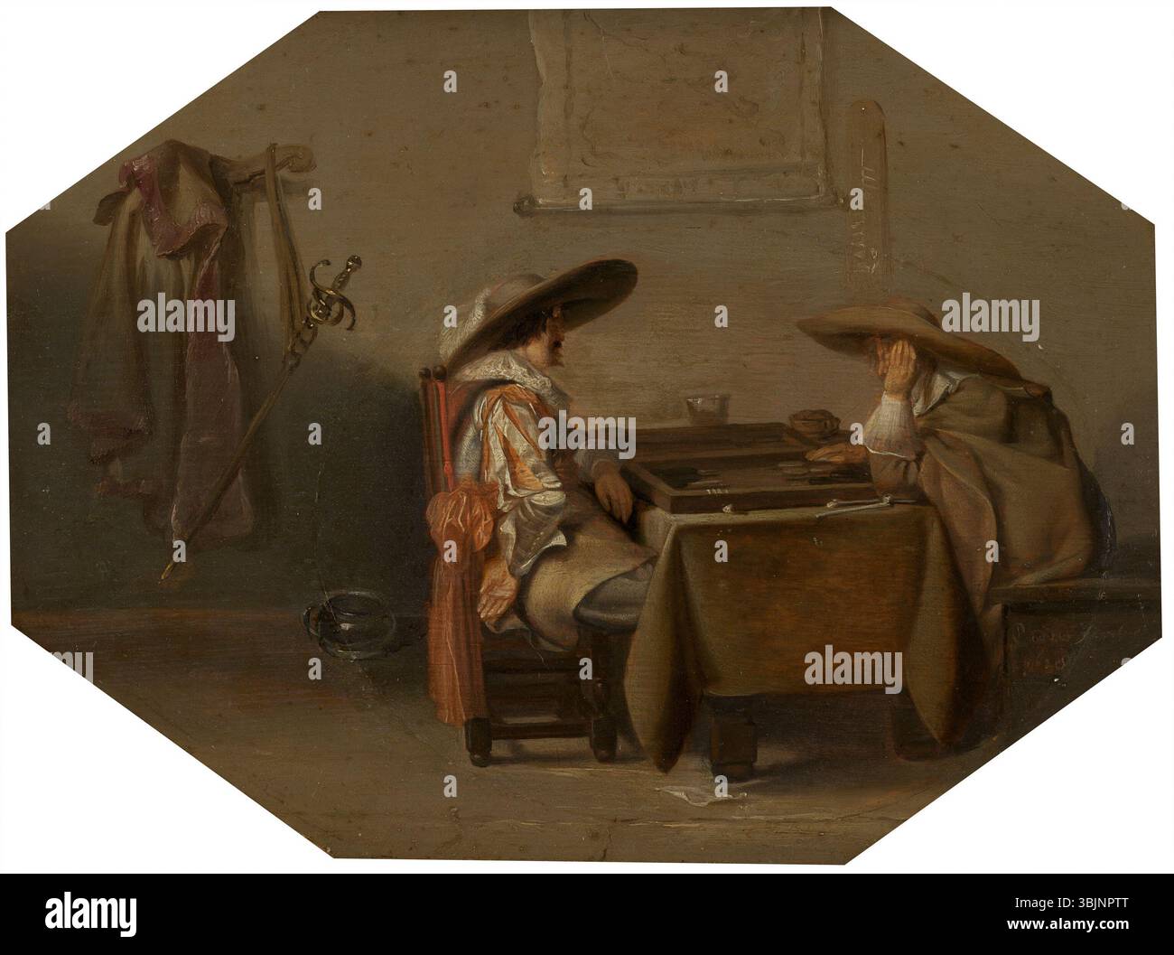 Tric-Trac Players (1628) de Pieter Codde (1599-1678) capture deux individus engagés dans un jeu de société, caractéristique de la peinture de genre néerlandaise avec des détails vifs et une composition atmosphérique. Banque D'Images