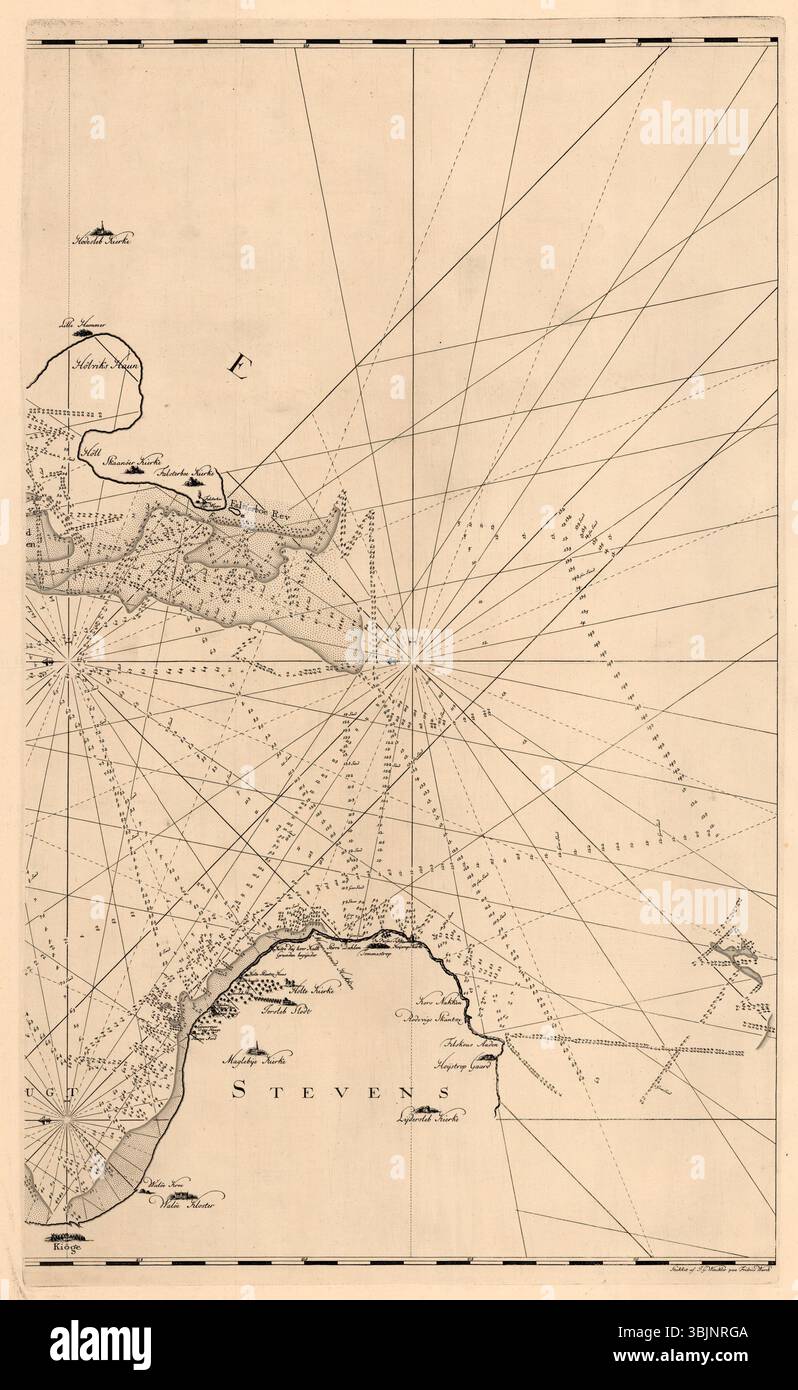 Carte nautique créée par Andreas Lous (1728–1797) en 1775, montrant des mesures côtières précises de Kronborg à l'église de Højerup sur Stevns, basées sur des relevés de 1768–1769. Banque D'Images