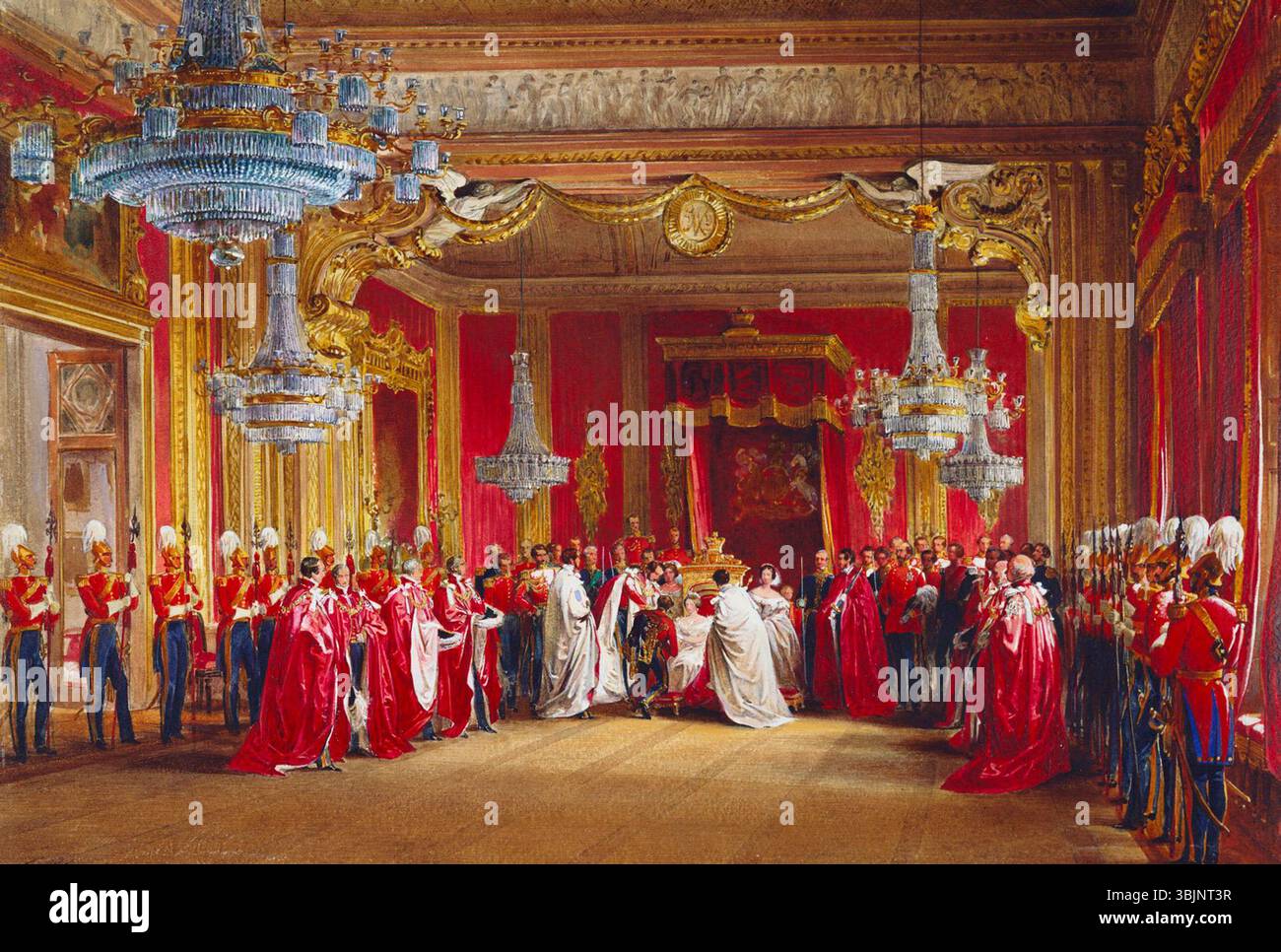 Aquarelle de Louis Haghe de 1855 montrant la cérémonie d'investiture de l'ordre du bain dans la salle du trône du palais de Buckingham, sous la présidence de la reine Victoria. Banque D'Images