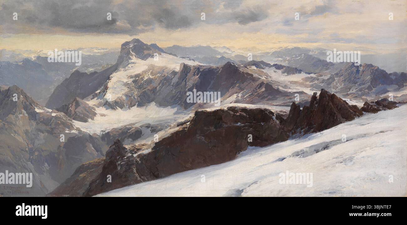*Die Alpen von Graubünden vom Tödi aus* (1900) d'Edward Theodore Compton est une peinture à l'huile capturant le paysage alpin de Graubünden depuis la montagne Tödi. L’œuvre est signée et datée par l’artiste, mettant en valeur les panoramas spectaculaires des Alpes suisses. Banque D'Images