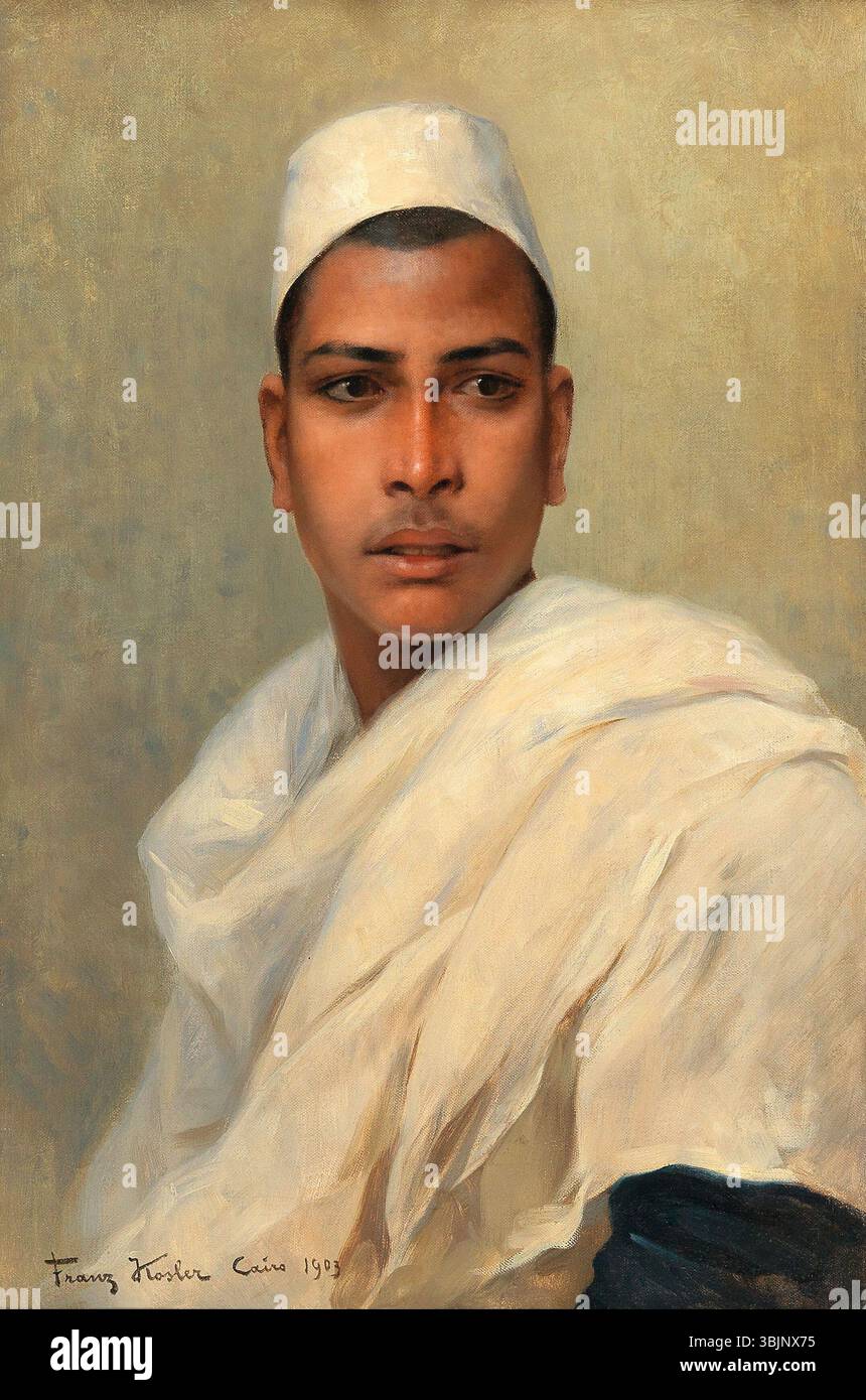 La peinture à l'huile de Franz Xaver Kosler de 1903 « Un jeune bédouin » capture le portrait d'un jeune homme de la culture bédouine. L’œuvre reflète l’intérêt de Kosler pour la diversité culturelle et sa capacité à représenter le lien de l’individu avec son patrimoine. Le travail détaillé utilise des couleurs vives et un style naturaliste. Banque D'Images