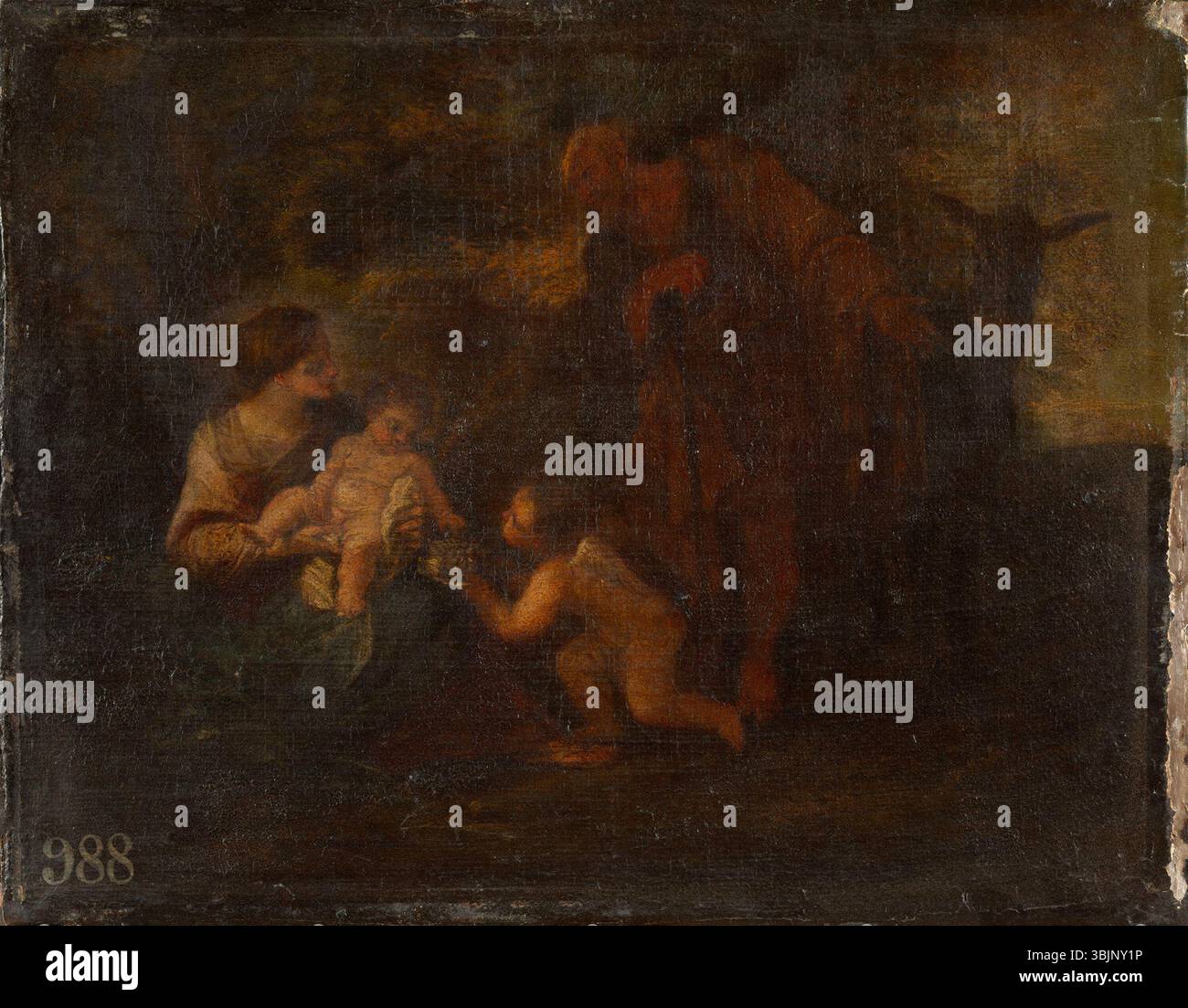 La peinture à l'huile du XVIIe siècle de Filippo Lauri, « le reste sur la fuite en Égypte », représente la Sainte famille se reposant pendant leur fuite en Égypte. Cette œuvre religieuse, peinte vers 1644-1694, montre la maîtrise de Lauri de la lumière, de la composition et de la représentation de sujets bibliques. Banque D'Images