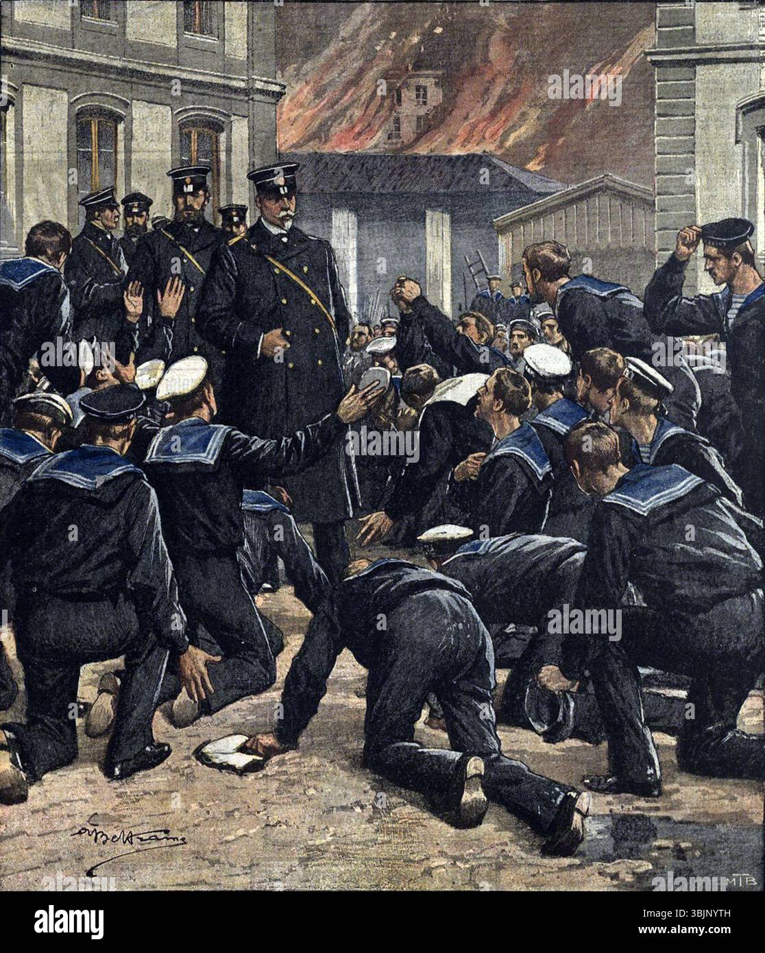 Illustration de couverture par Achille Beltrame datée du 26 novembre 1905, montrant des marins russes mutins à Cronstadt se soumettant à l'amiral Birilef, ministre de la Marine. Banque D'Images