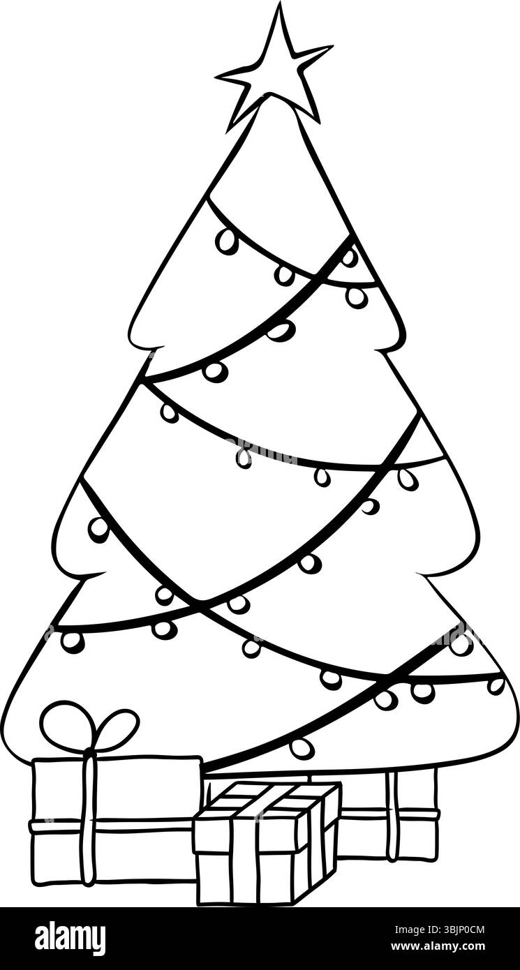 Arbre de Noël avec lumières et boîtes de cadeaux noir et blanc composition isolée. Illustration vectorielle d'encre de ligne graphique. Parfait pour les cartes, la décoration Illustration de Vecteur
