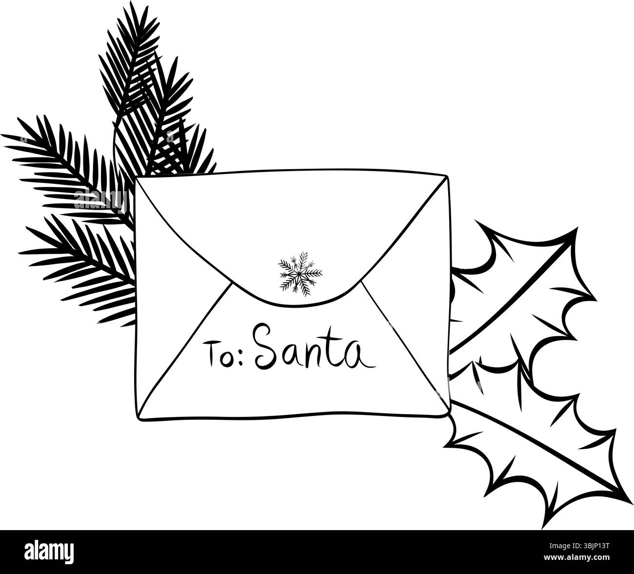 Cher Père Noël lettre enveloppe avec branche de pin noir et blanc composition isolé. Illustration vectorielle d'encre de ligne graphique. Parfait pour cartes, décor Illustration de Vecteur